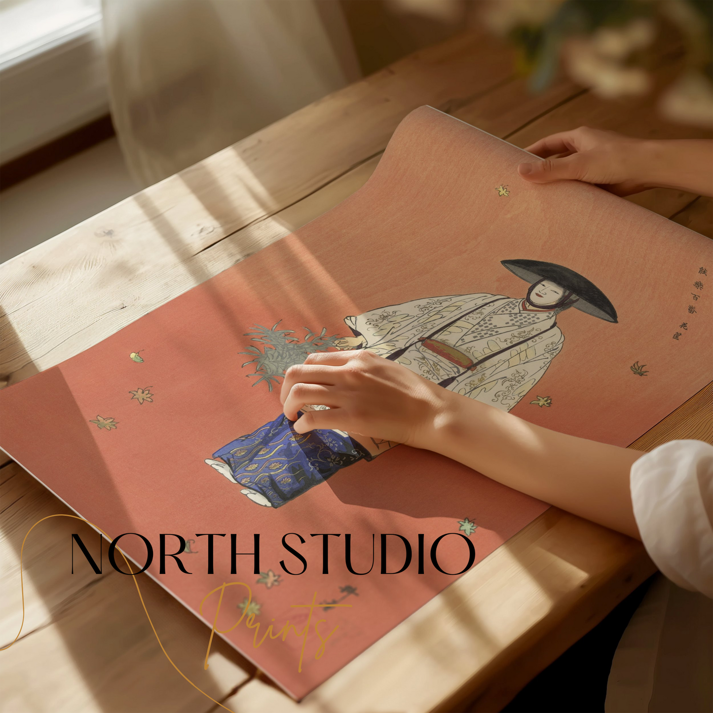 Premium Poster of Traditional Japanese Attire Art with Falling Leaves Posters