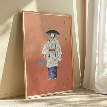 Premium Poster of Traditional Japanese Attire Art with Falling Leaves Posters