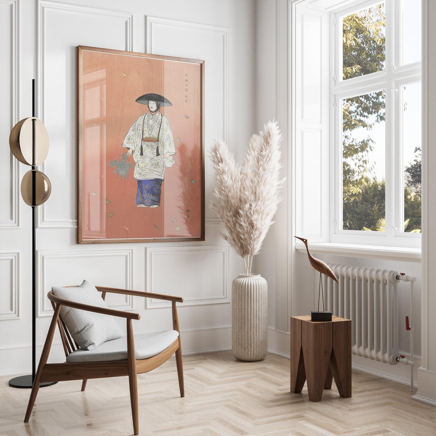 Premium Poster of Traditional Japanese Attire Art with Falling Leaves Posters