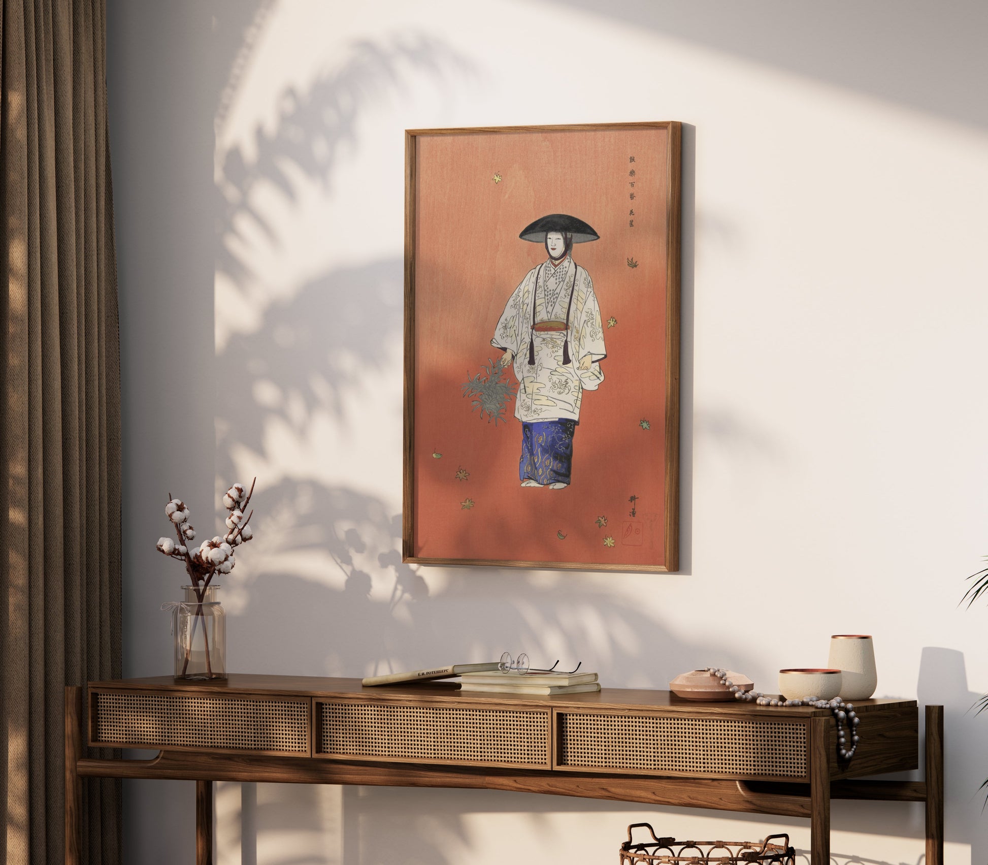 Premium Poster of Traditional Japanese Attire Art with Falling Leaves Posters