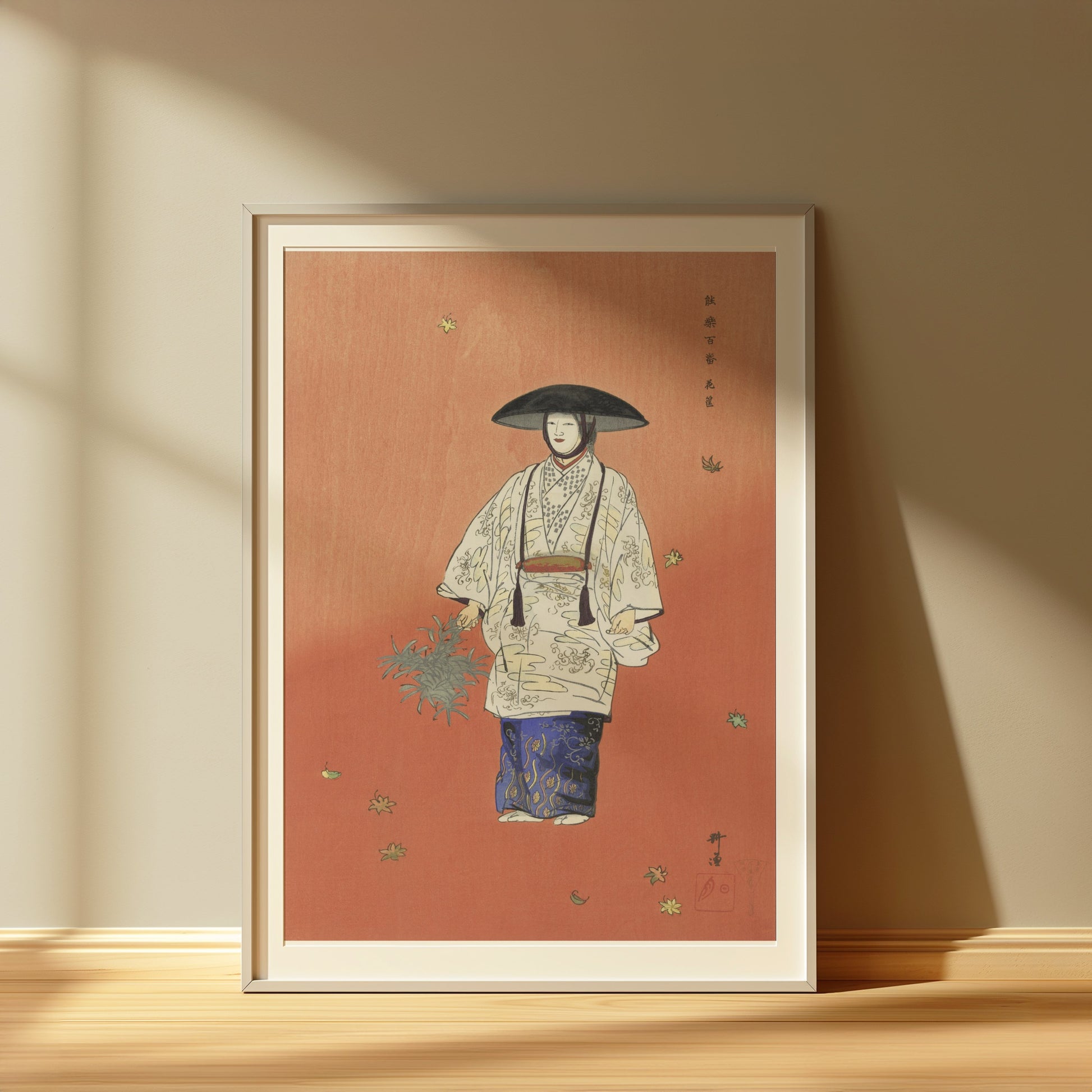 Premium Poster of Traditional Japanese Attire Art with Falling Leaves Posters