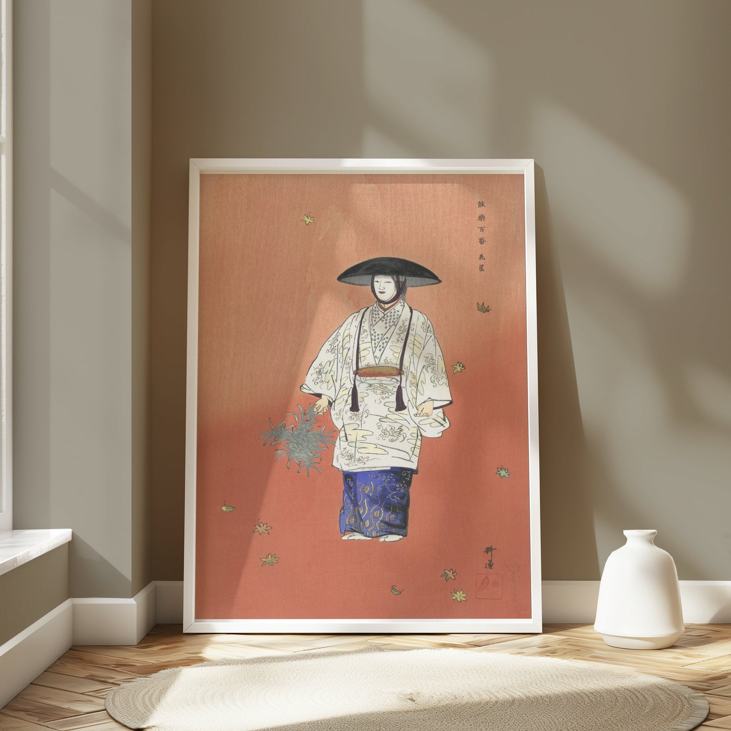 Premium Poster of Traditional Japanese Attire Art with Falling Leaves Posters