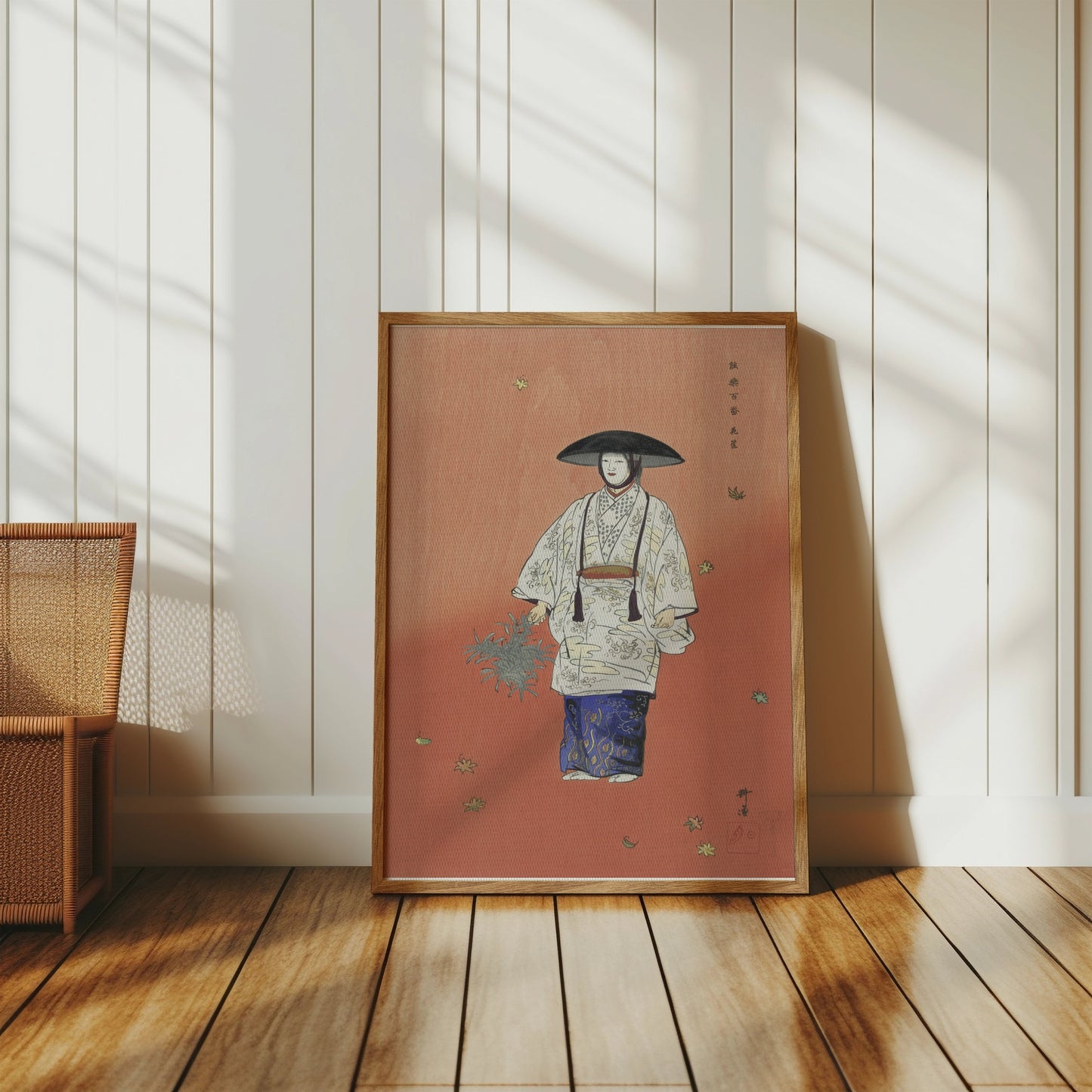 Premium Poster of Traditional Japanese Attire Art with Falling Leaves Posters