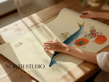 Premium Poster of Traditional Japanese Fish Art with Fruit Posters