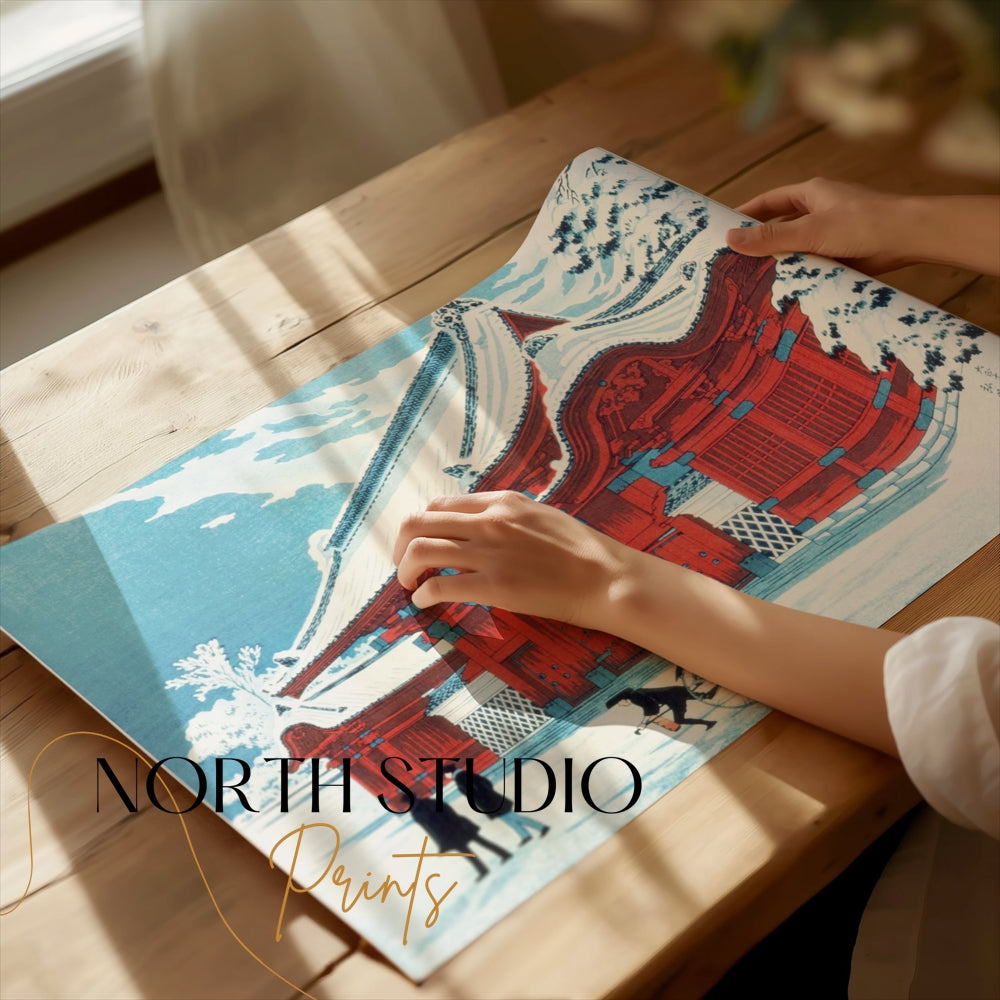 Premium Poster of Traditional Japanese Gate with Snowy Landscape Posters