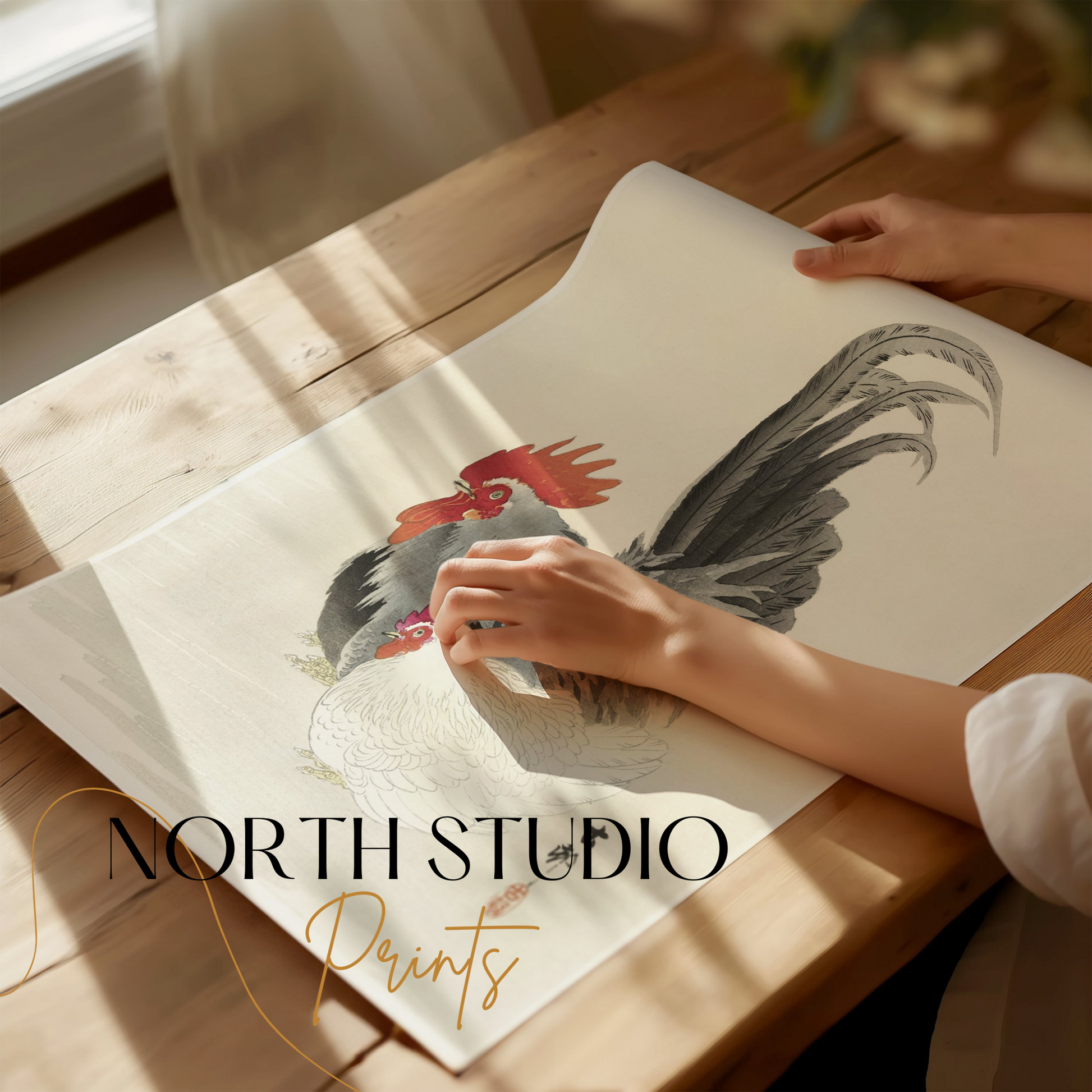 Premium Poster of Traditional Japanese Rooster and Hen Artwork Posters