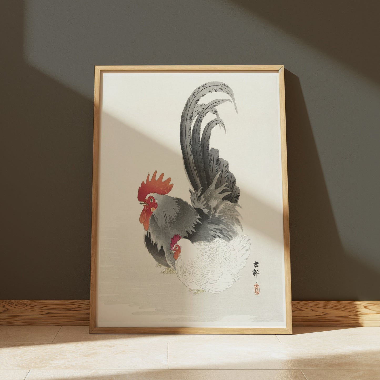 Premium Poster of Traditional Japanese Rooster and Hen Artwork Posters
