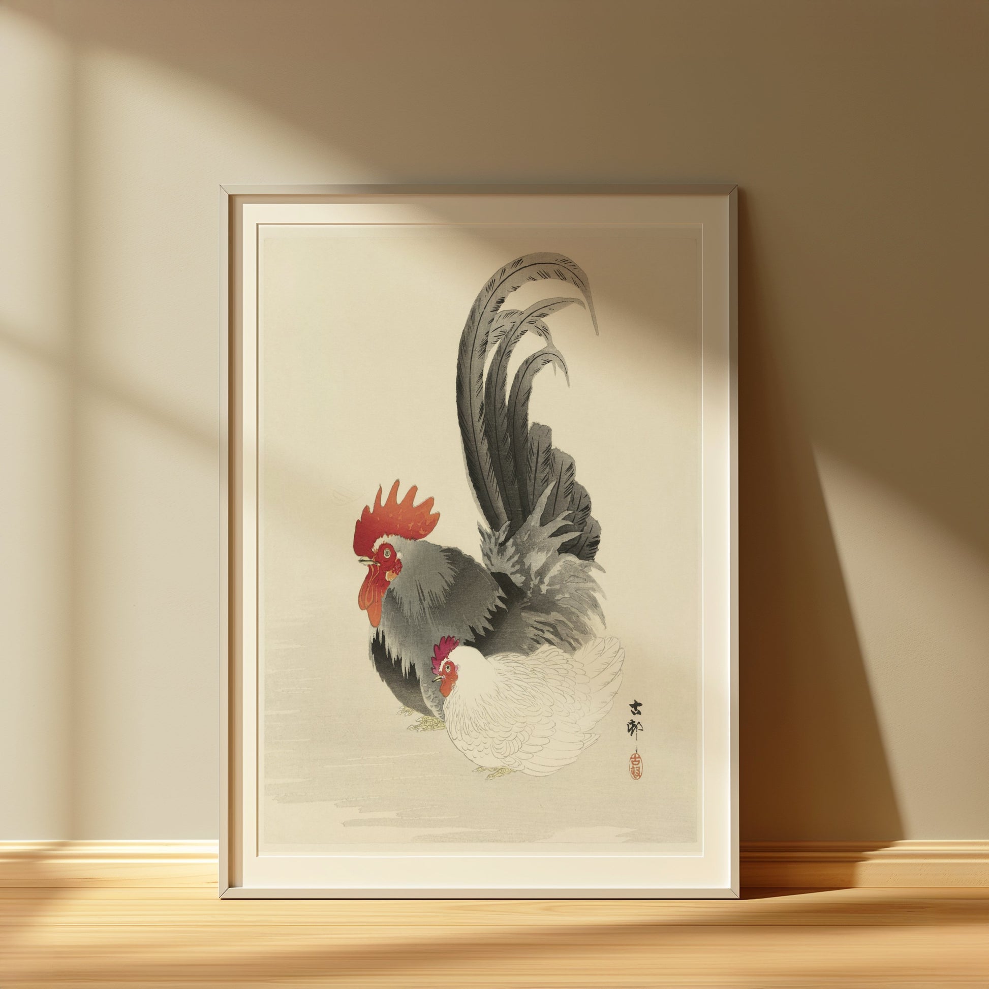 Premium Poster of Traditional Japanese Rooster and Hen Artwork Posters