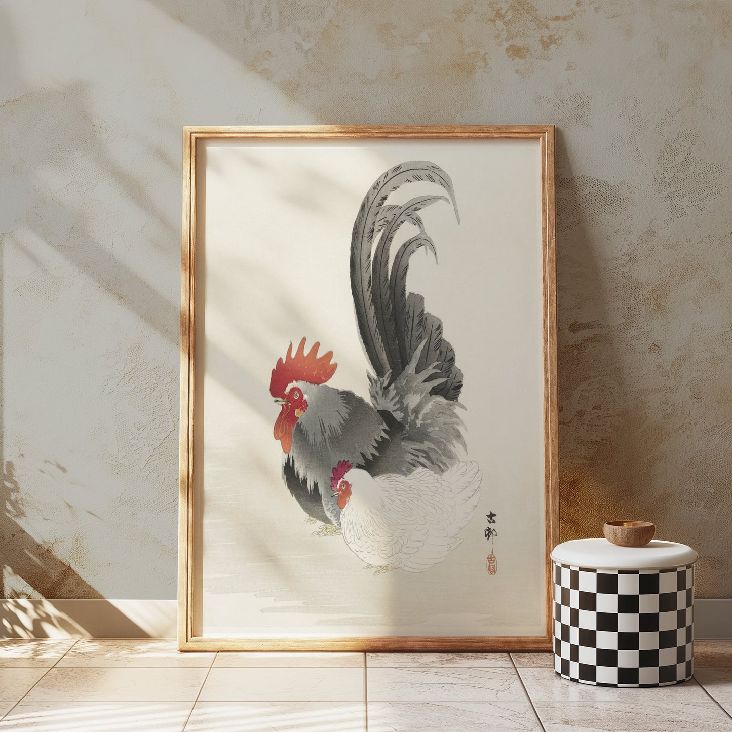 Premium Poster of Traditional Japanese Rooster and Hen Artwork Posters