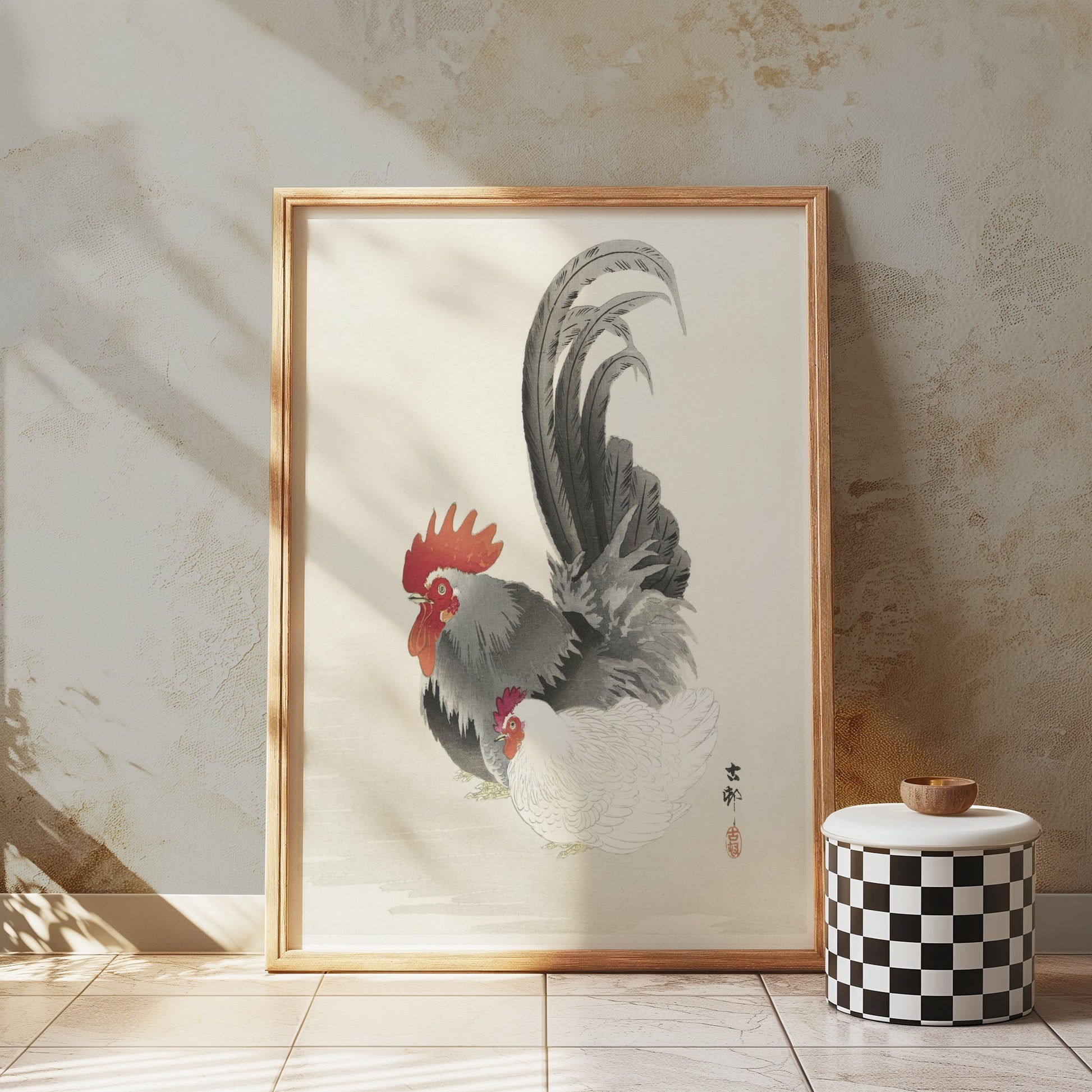 Premium Poster of Traditional Japanese Rooster and Hen Artwork Posters