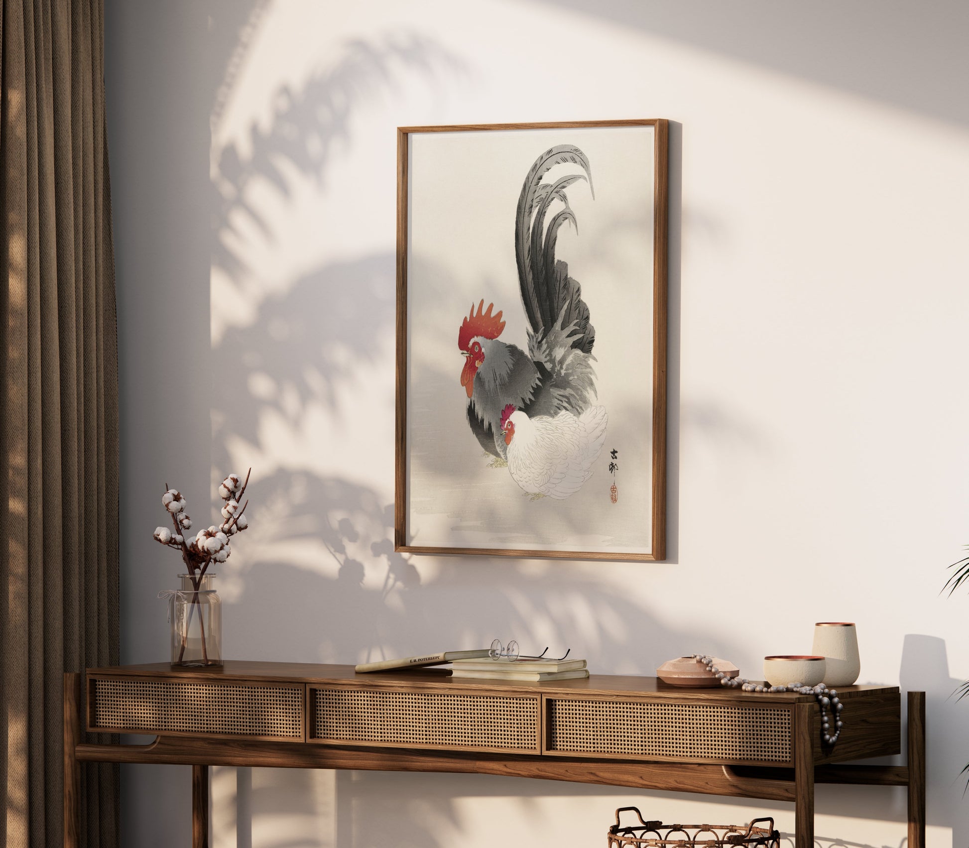 Premium Poster of Traditional Japanese Rooster and Hen Artwork Posters