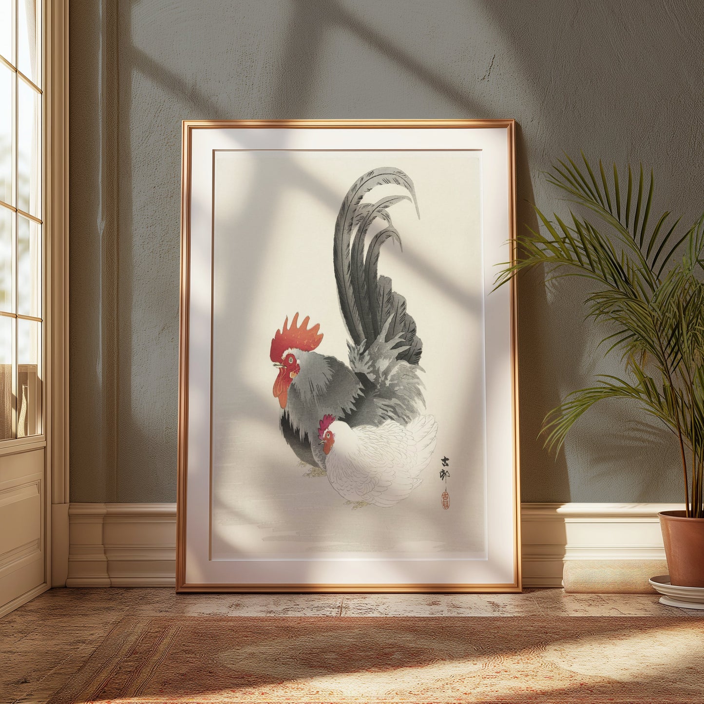 Premium Poster of Traditional Japanese Rooster and Hen Artwork Posters