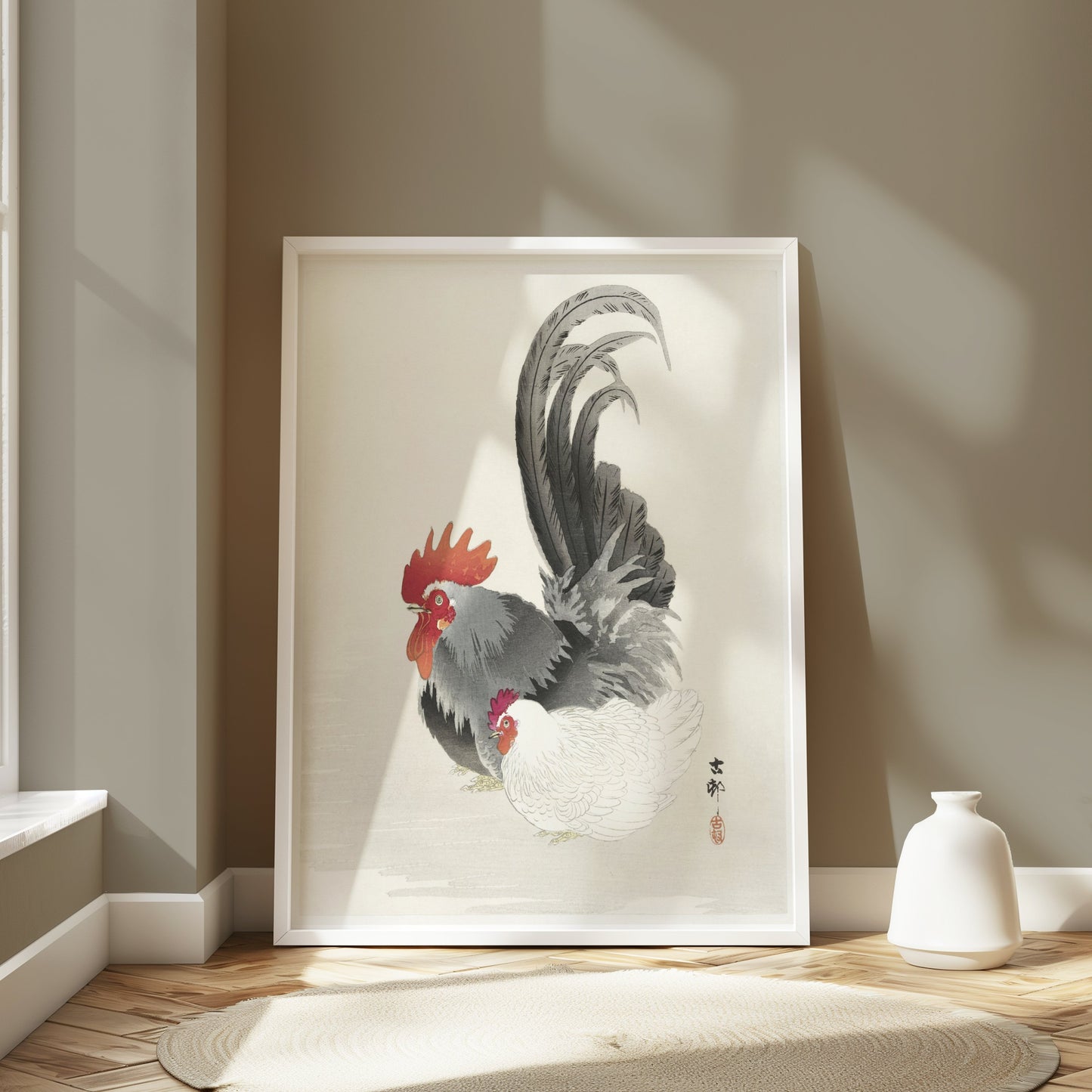 Premium Poster of Traditional Japanese Rooster and Hen Artwork Posters
