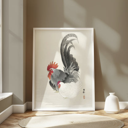 Premium Poster of Traditional Japanese Rooster and Hen Artwork Posters