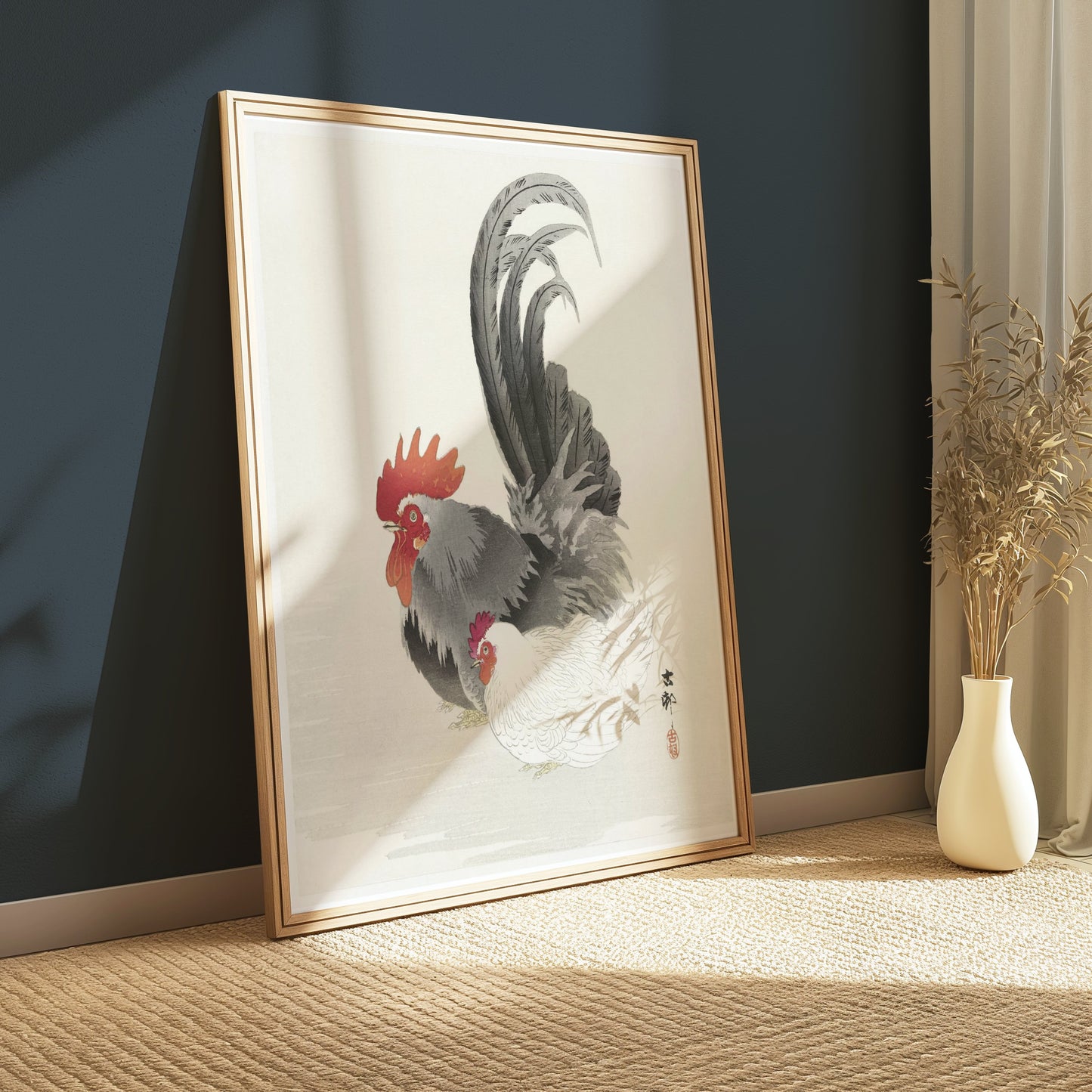 Premium Poster of Traditional Japanese Rooster and Hen Artwork Posters