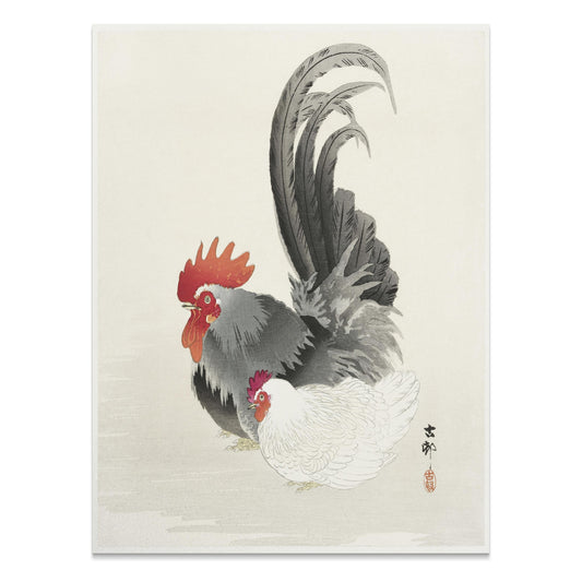 Premium Poster of Traditional Japanese Rooster and Hen Artwork Posters