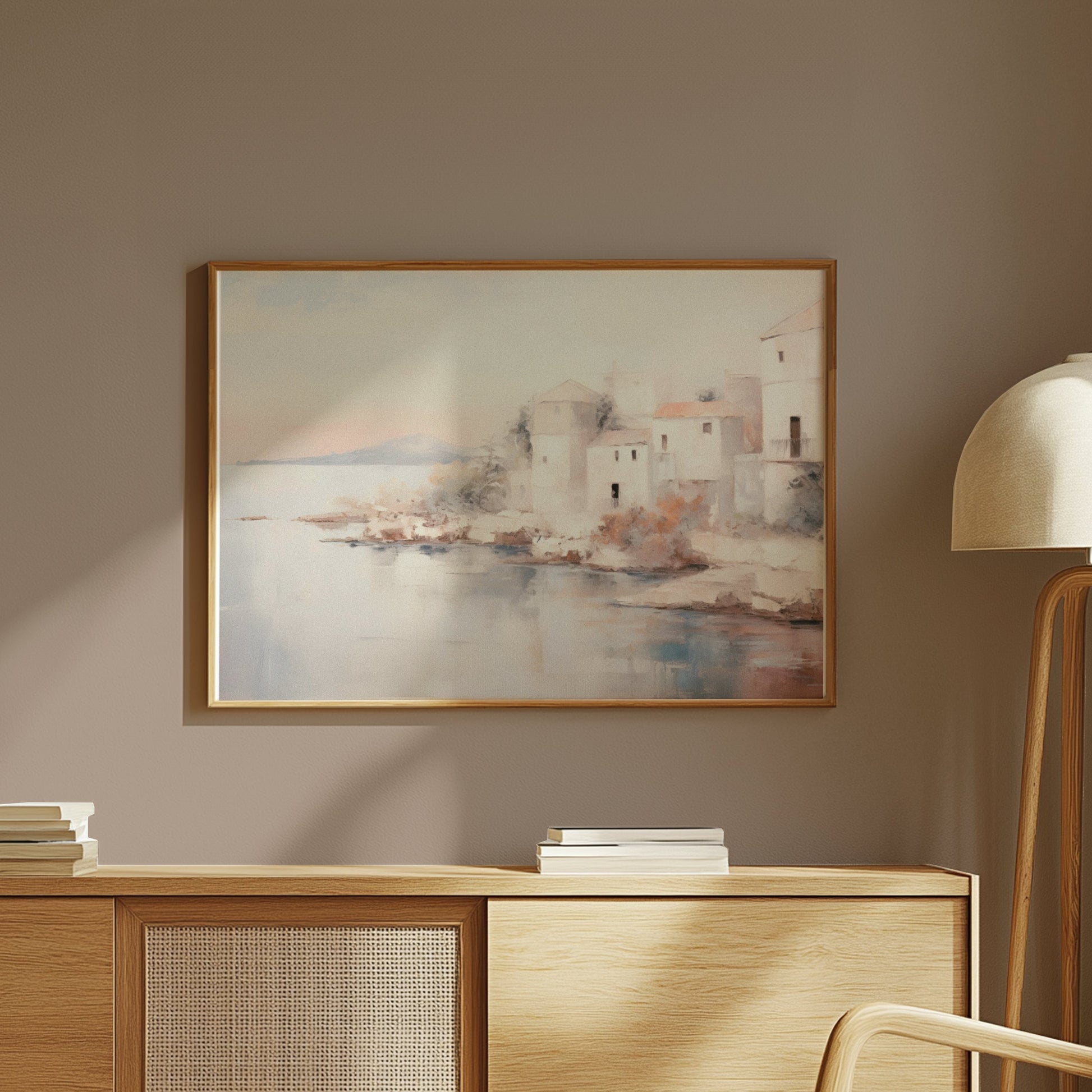 Premium Poster of Tranquil Coastal Townscape Artwork Posters