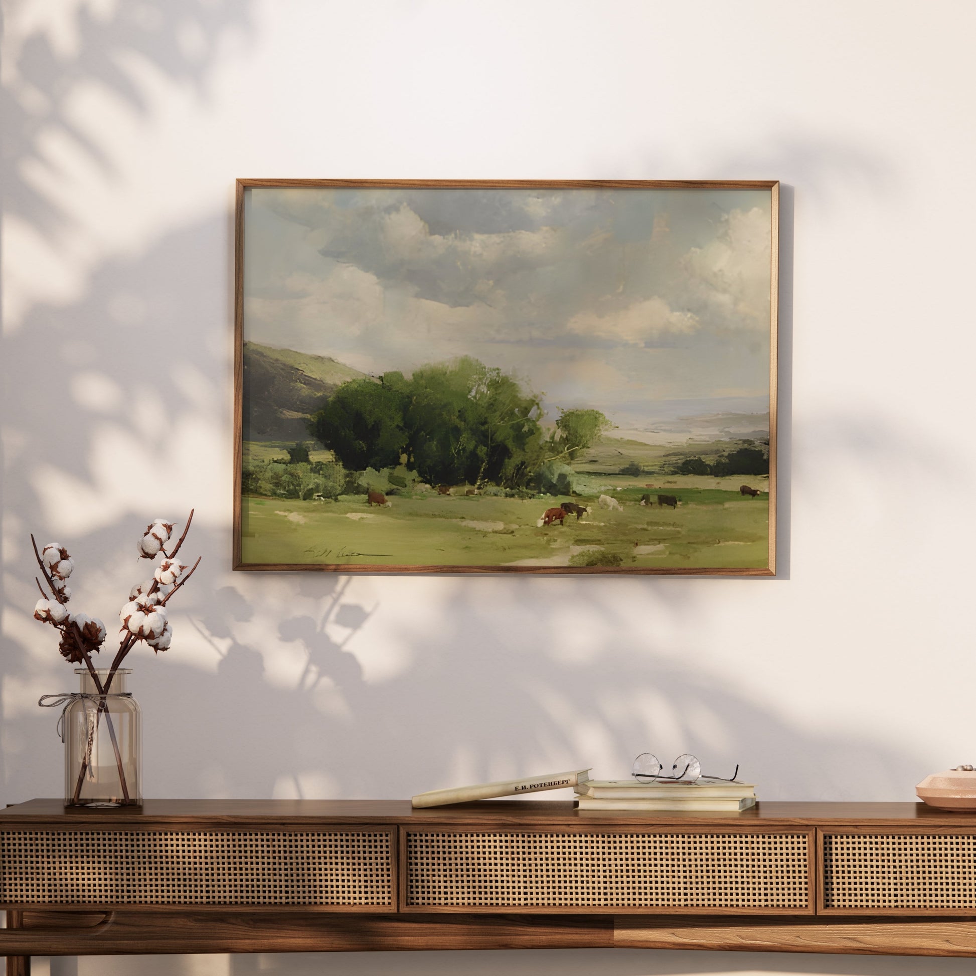 Premium Poster of Tranquil Countryside Landscape with Grazing Cows Posters