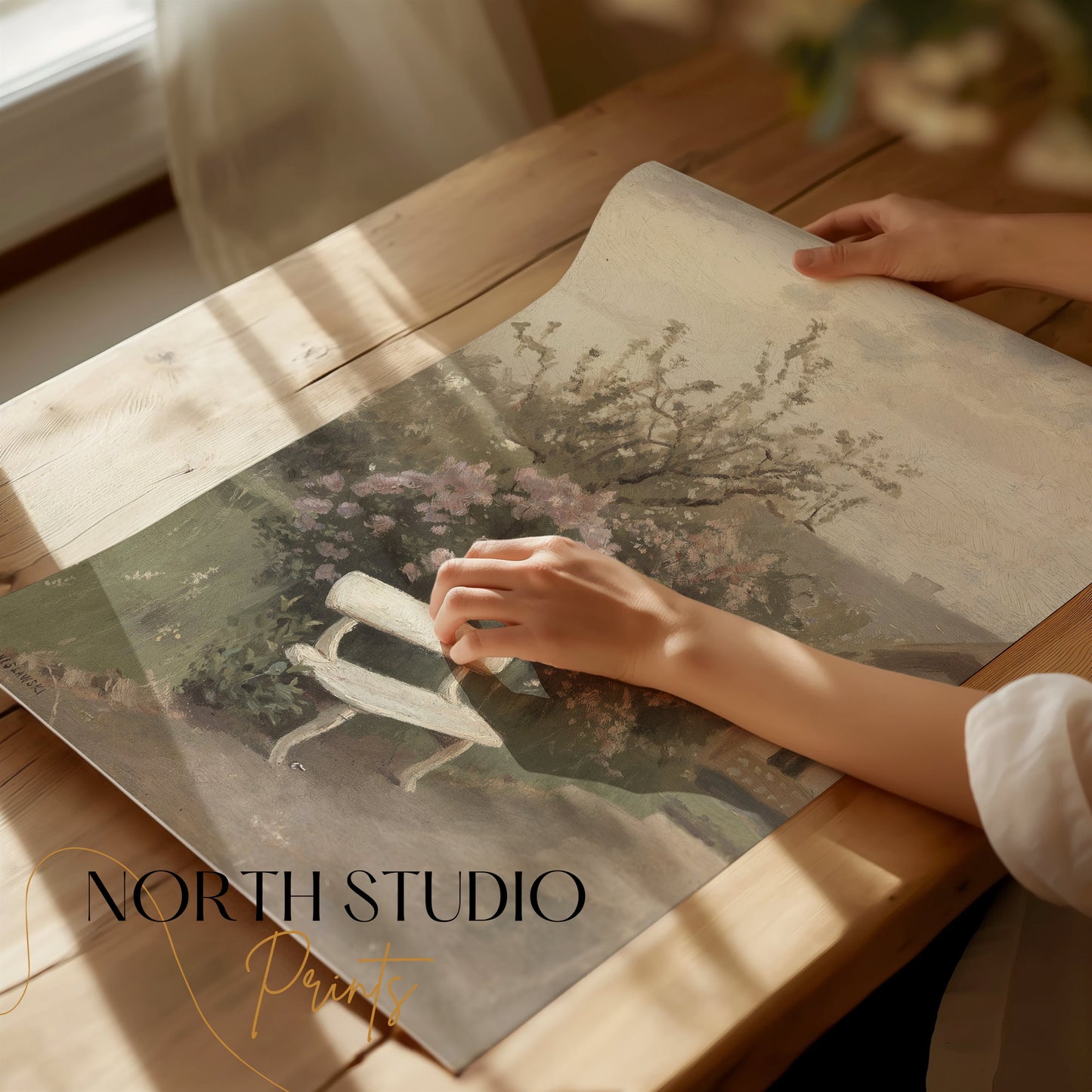 Premium Poster of Tranquil Garden Scene with Bench Art Posters