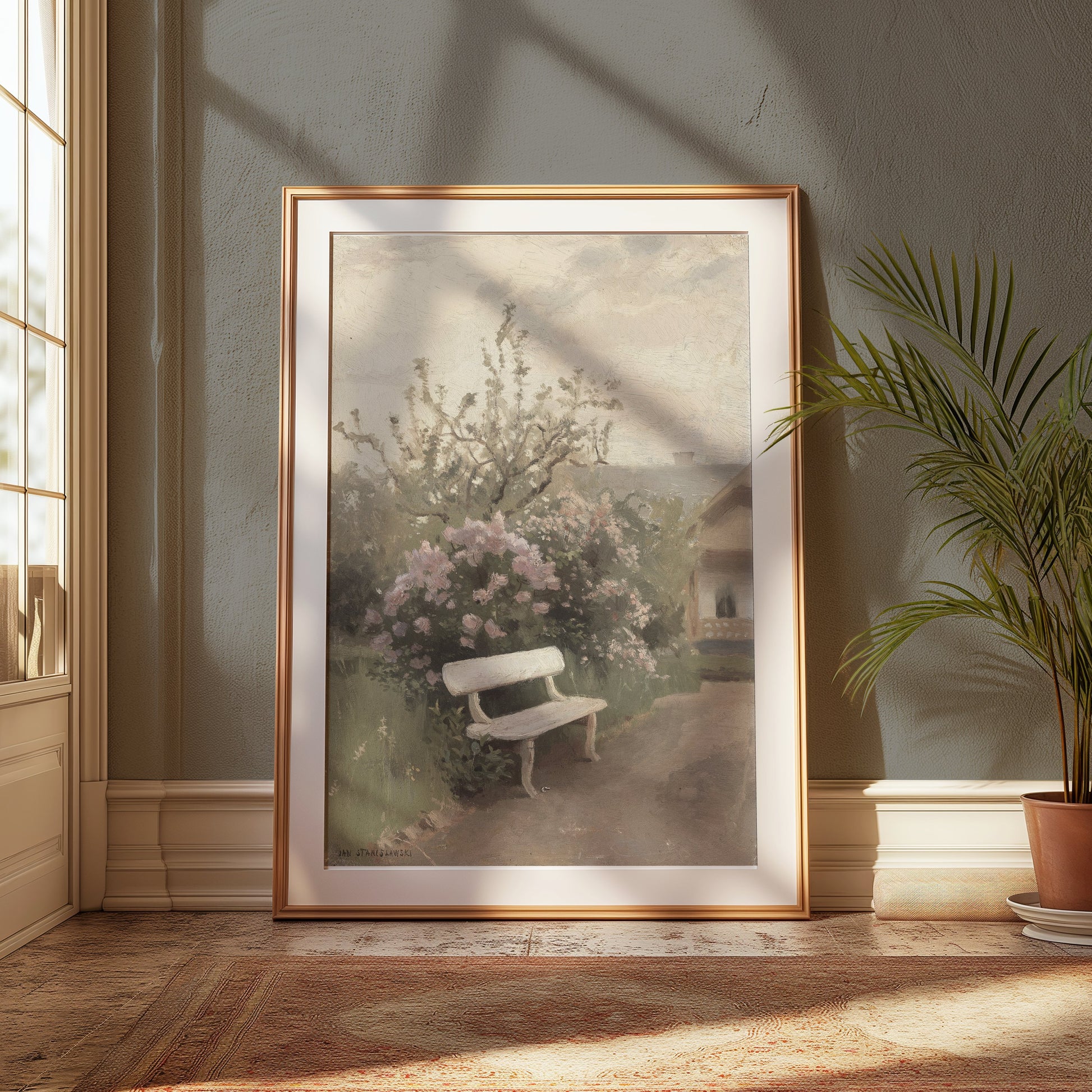 Premium Poster of Tranquil Garden Scene with Bench Art Posters