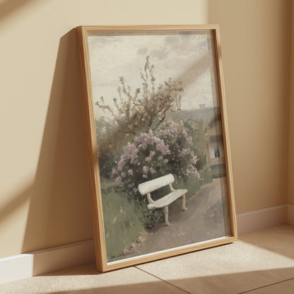 Premium Poster of Tranquil Garden Scene with Bench Art Posters
