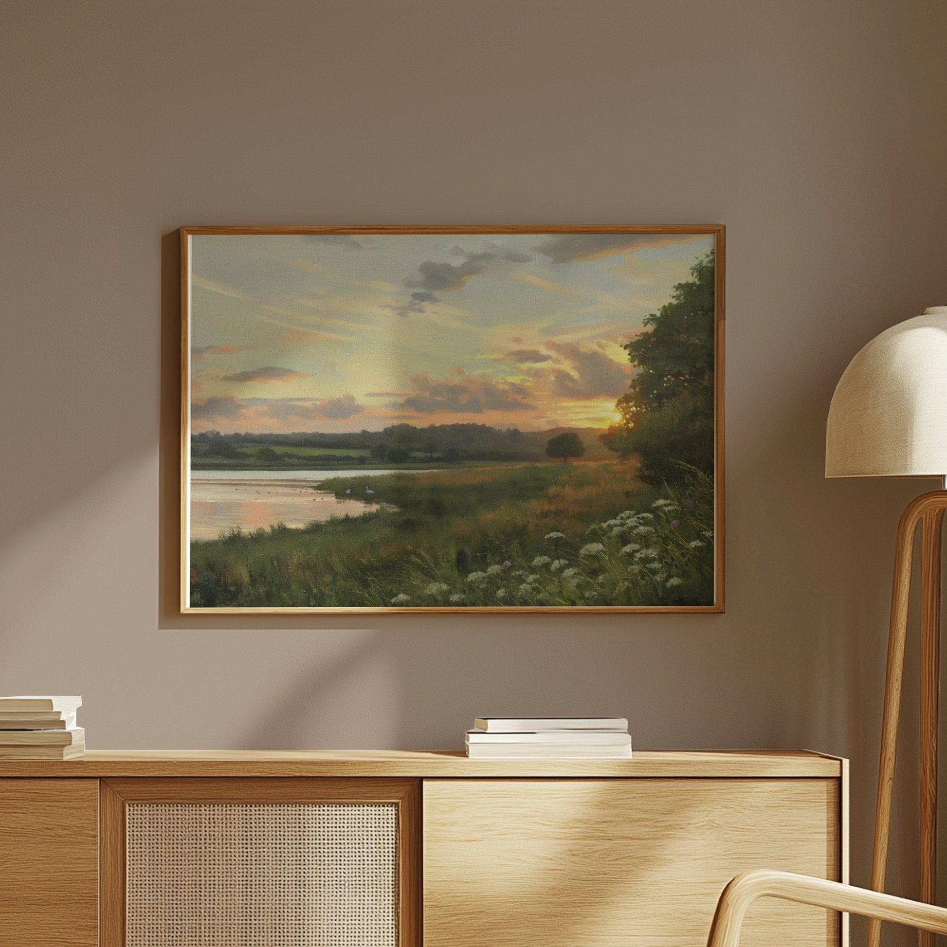 Premium Poster of Tranquil Golden Sunset Over Peaceful Waters Posters