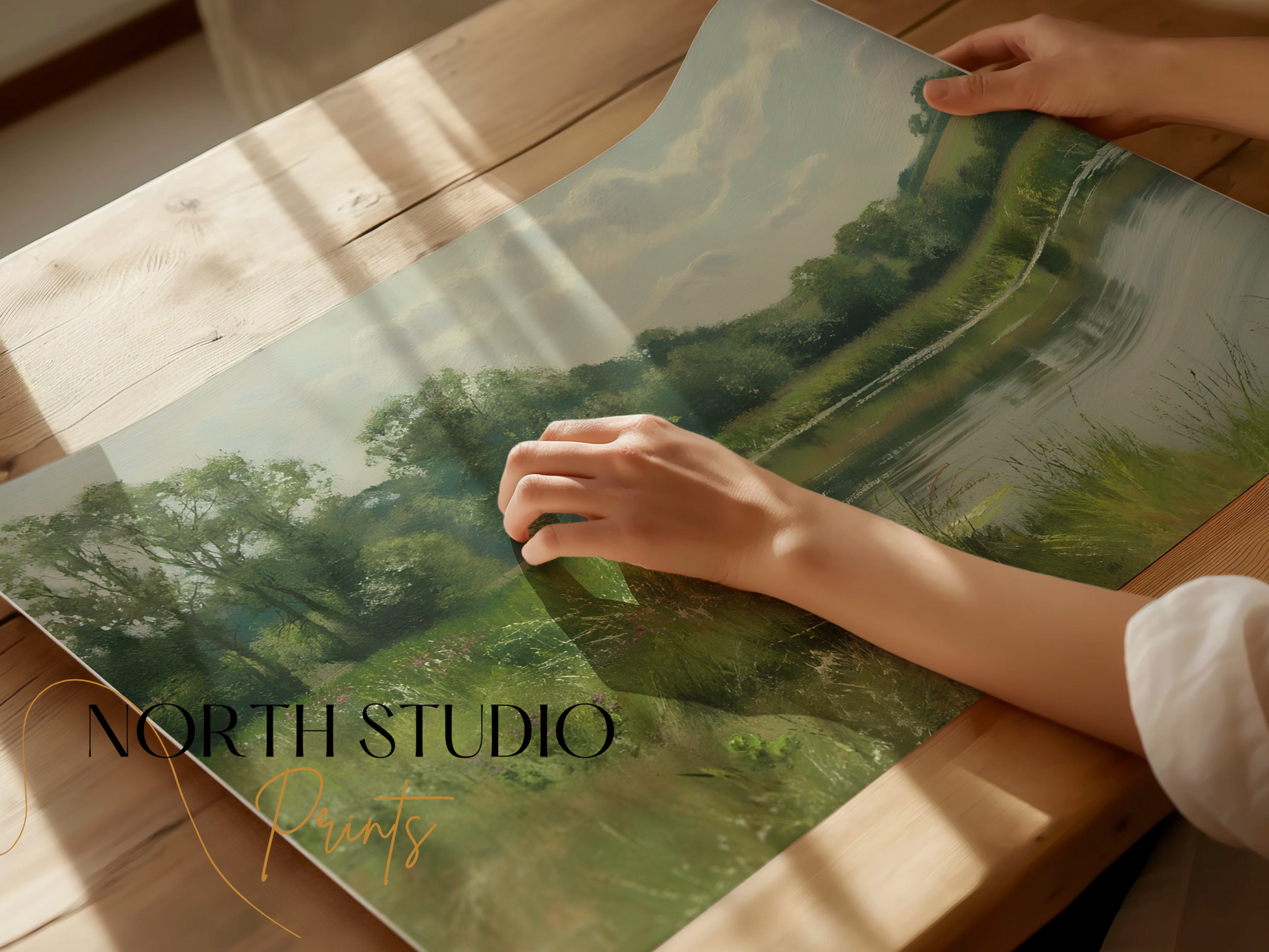 Premium Poster of Tranquil Lakeside Landscape Painting Art Prints Posters