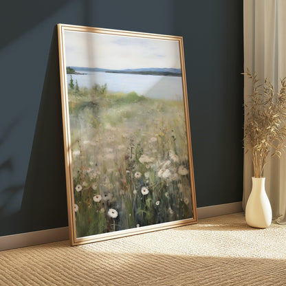Premium Poster of Tranquil Lakeside Landscape with Wildflowers Posters