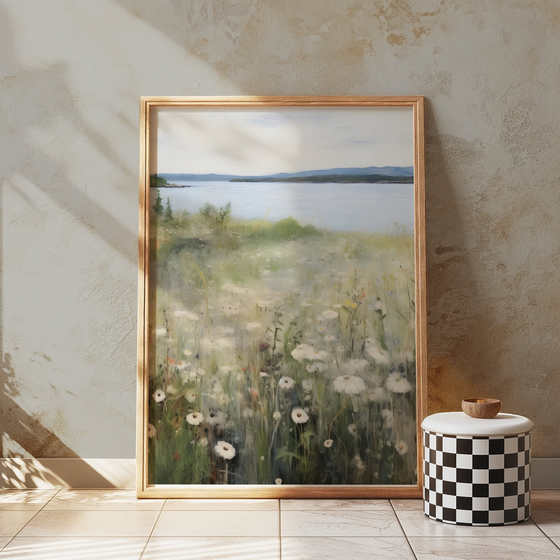 Premium Poster of Tranquil Lakeside Landscape with Wildflowers Posters
