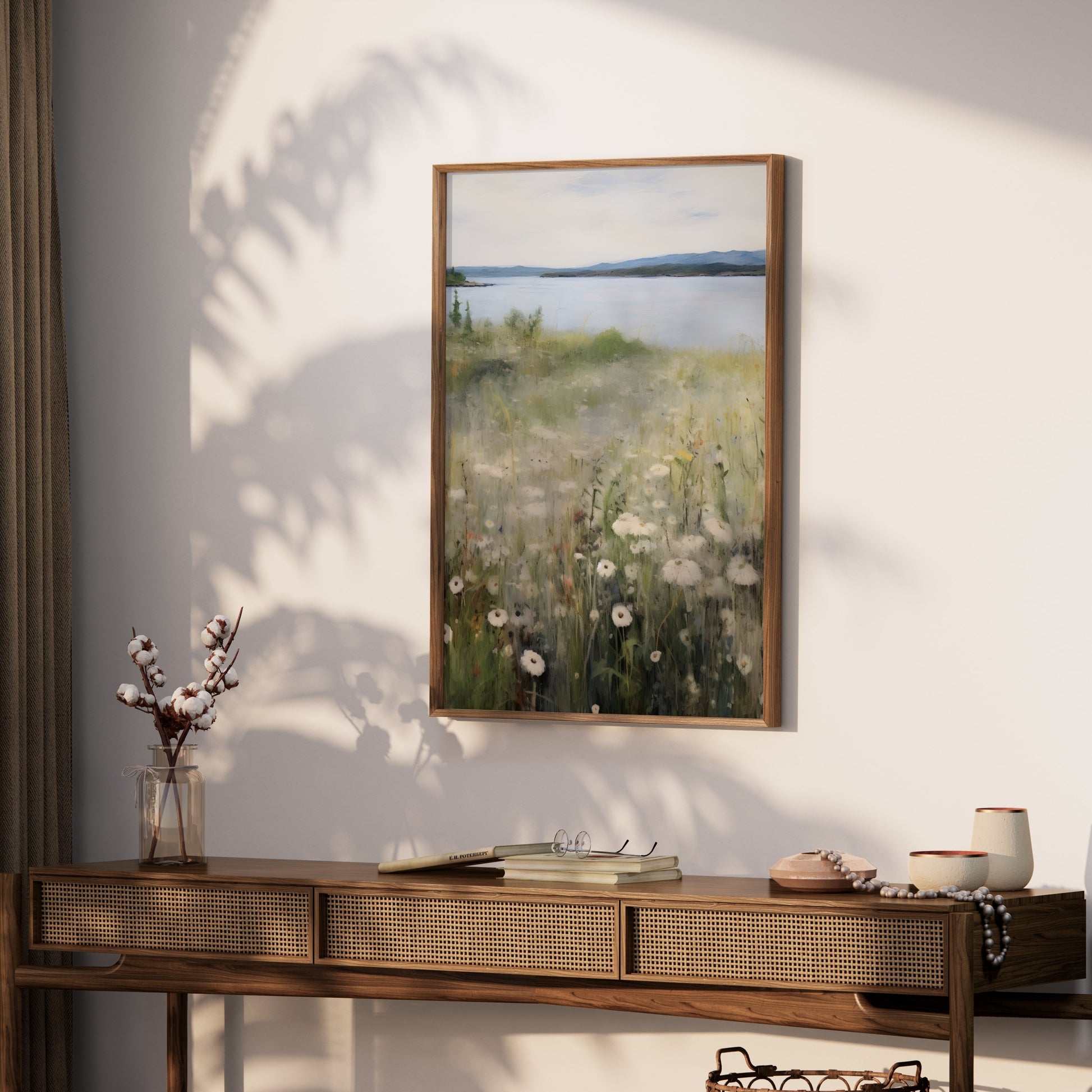 Premium Poster of Tranquil Lakeside Landscape with Wildflowers Posters