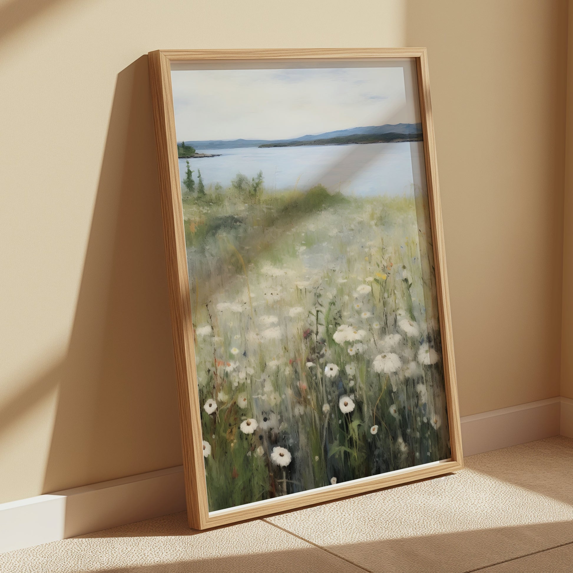 Premium Poster of Tranquil Lakeside Landscape with Wildflowers Posters