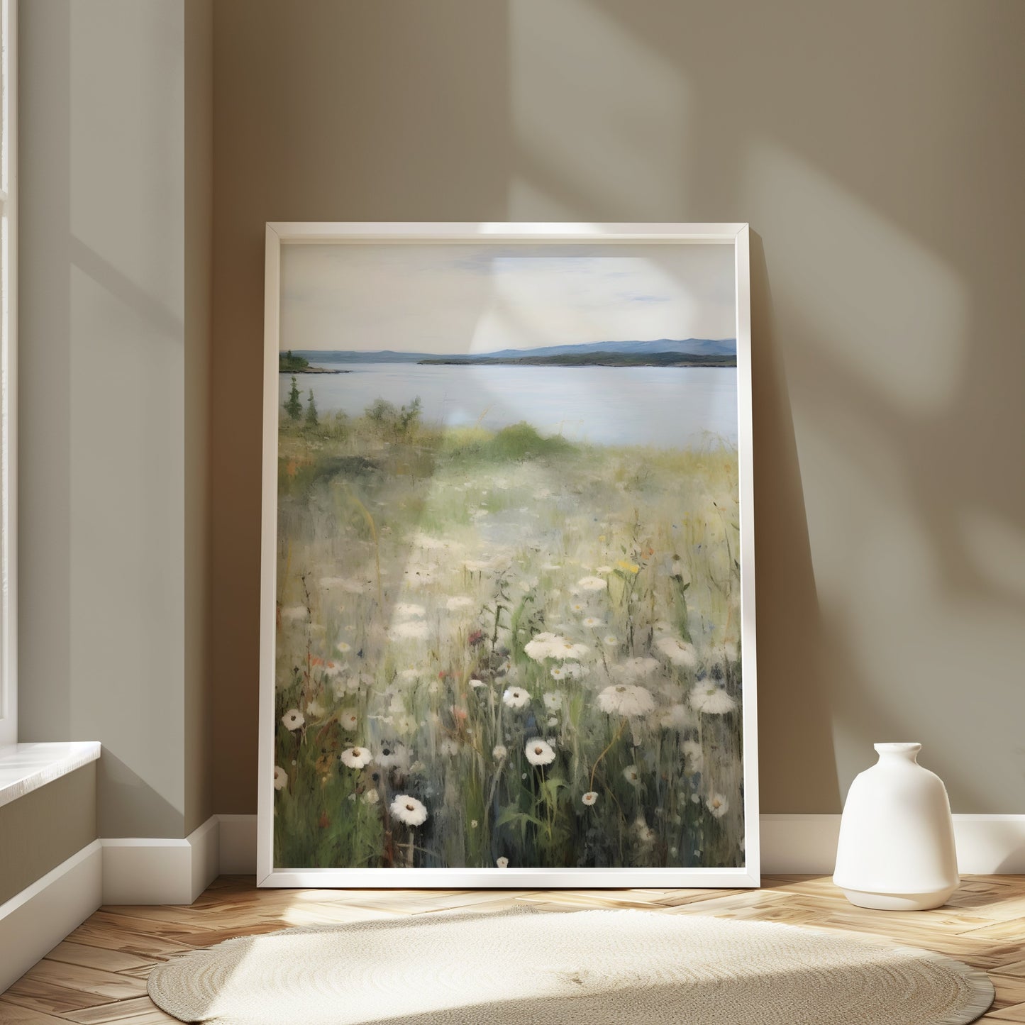 Premium Poster of Tranquil Lakeside Landscape with Wildflowers Posters