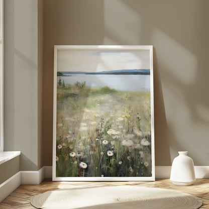 Premium Poster of Tranquil Lakeside Landscape with Wildflowers Posters