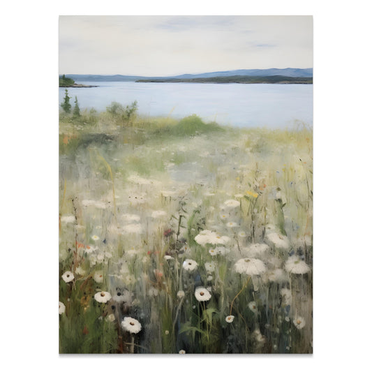 Premium Poster of Tranquil Lakeside Landscape with Wildflowers Posters