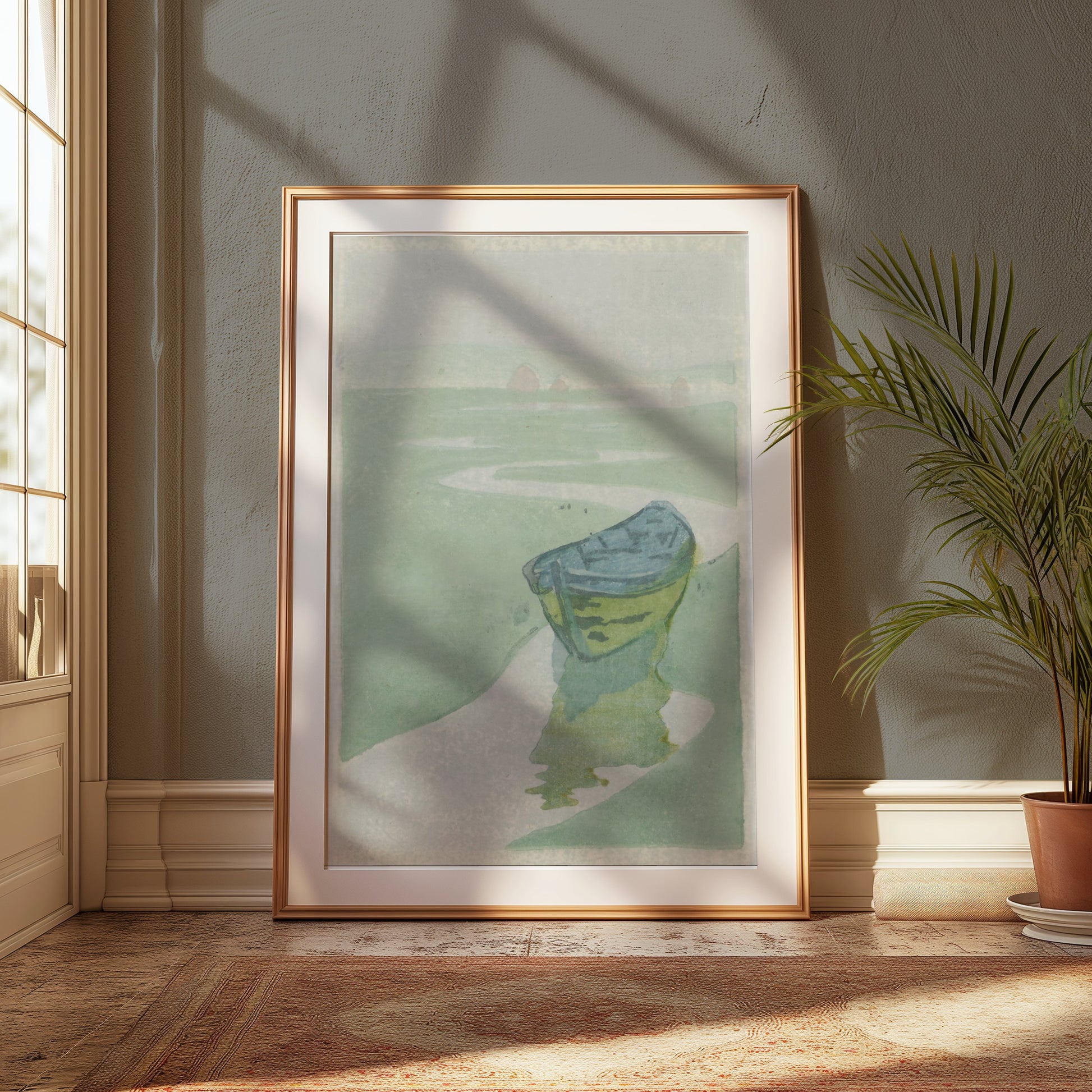 Premium Poster of Tranquil Landscape with Abandoned Boat Posters