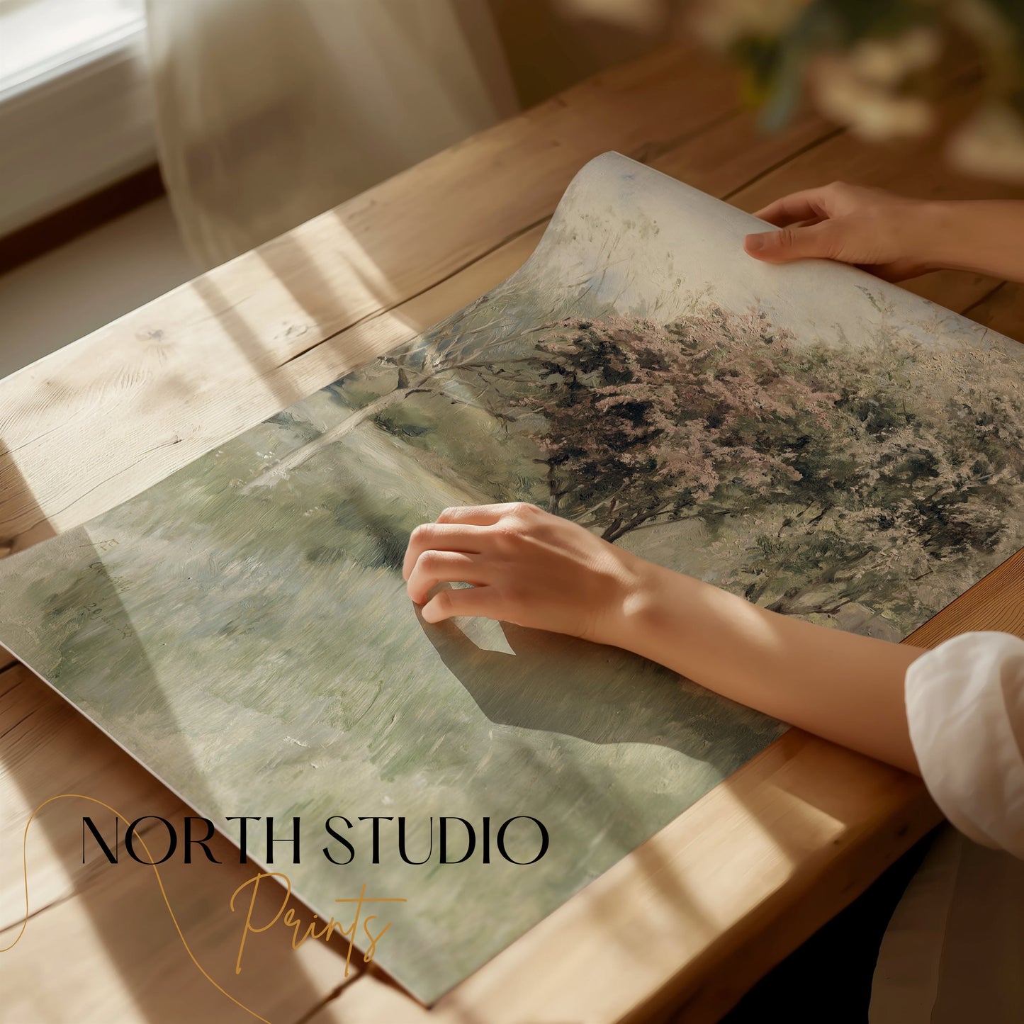 Premium Poster of Tranquil Landscape with Blossoming Trees Posters