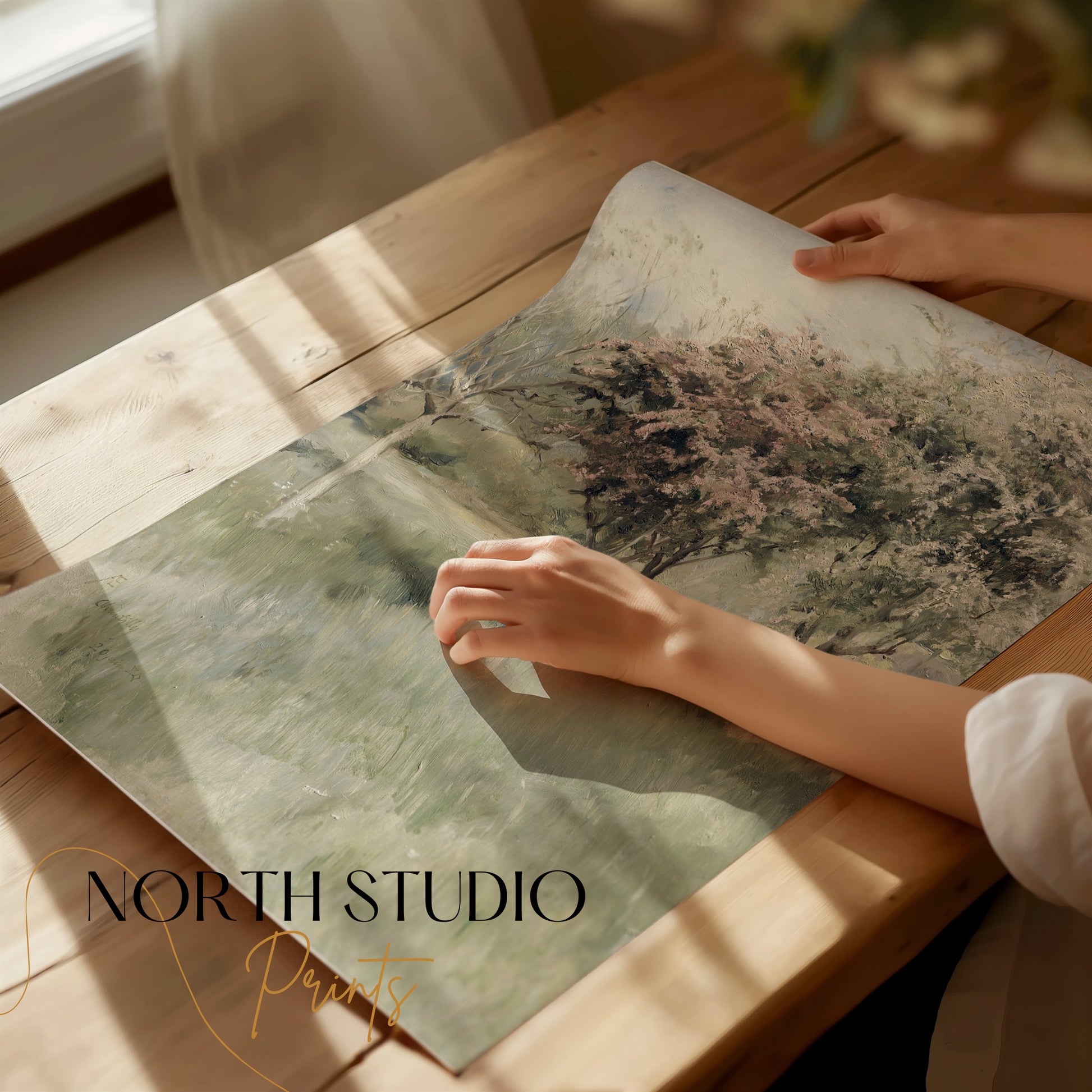 Premium Poster of Tranquil Landscape with Blossoming Trees Posters