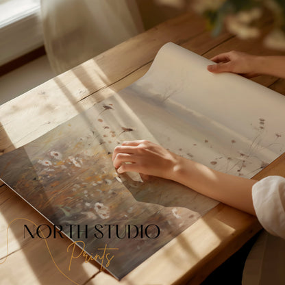 Premium Poster of Tranquil Misty Meadow with Wildflowers Art Posters