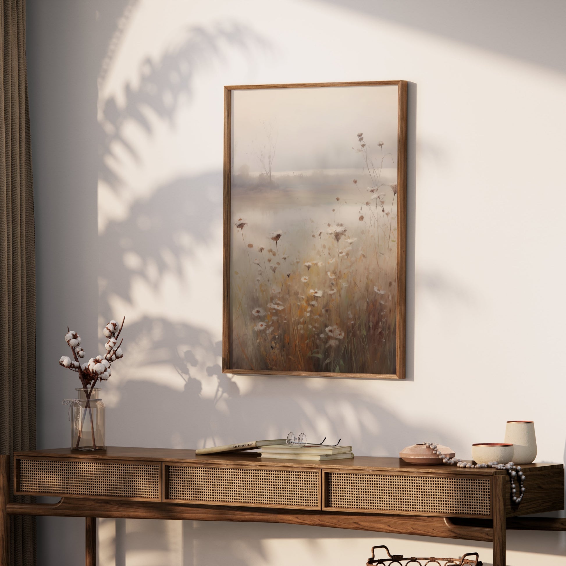 Premium Poster of Tranquil Misty Meadow with Wildflowers Art Posters