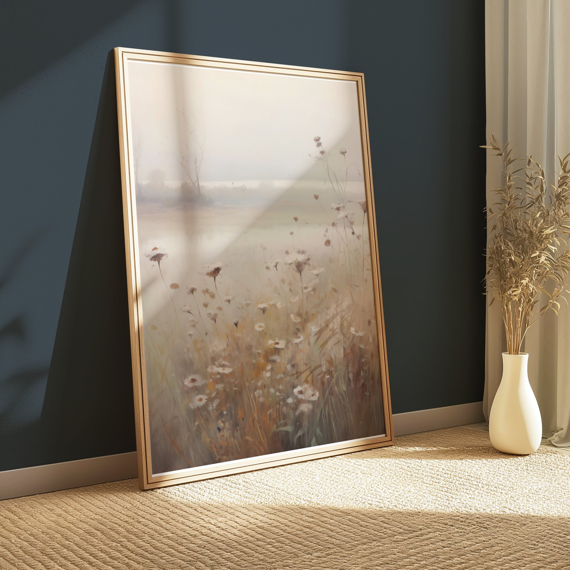 Premium Poster of Tranquil Misty Meadow with Wildflowers Art Posters