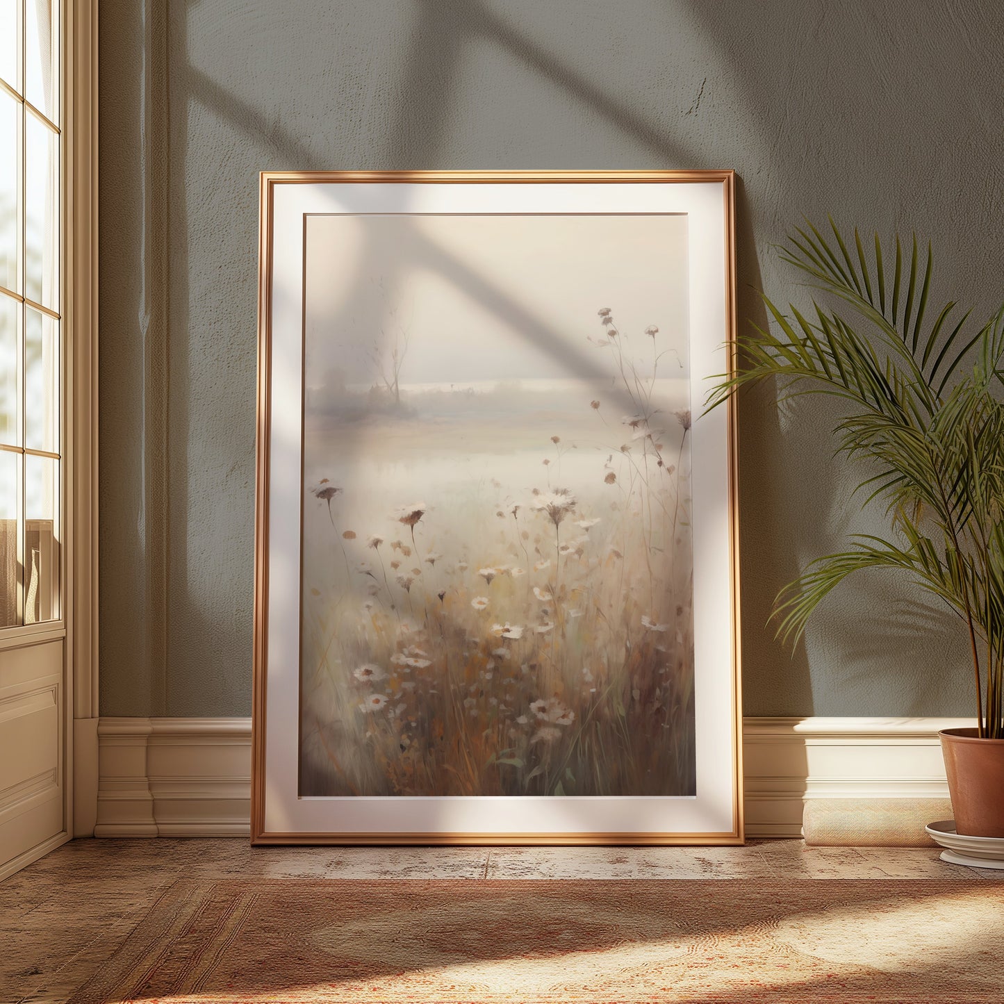 Premium Poster of Tranquil Misty Meadow with Wildflowers Art Posters