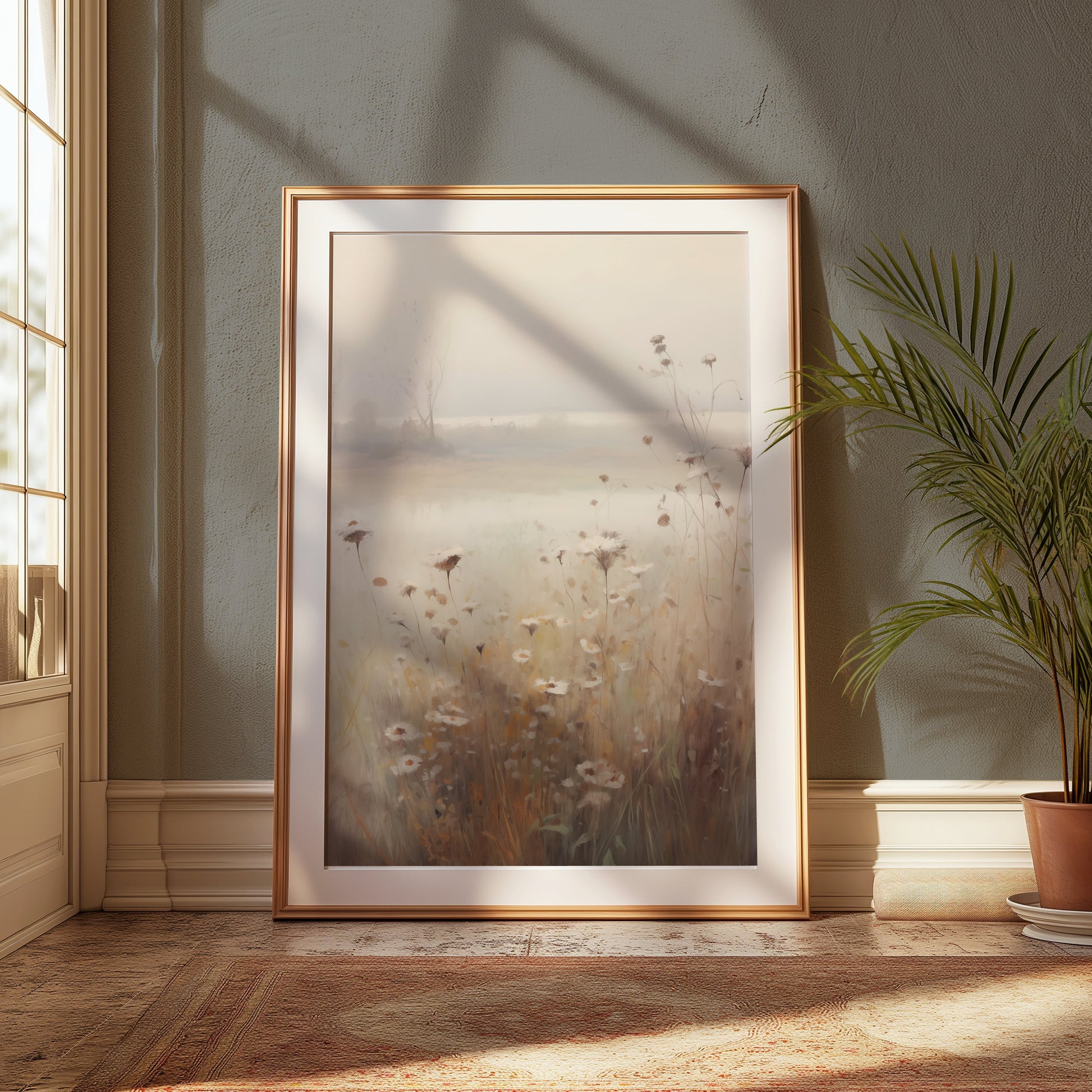 Premium Poster of Tranquil Misty Meadow with Wildflowers Art Posters