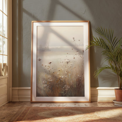 Premium Poster of Tranquil Misty Meadow with Wildflowers Art Posters