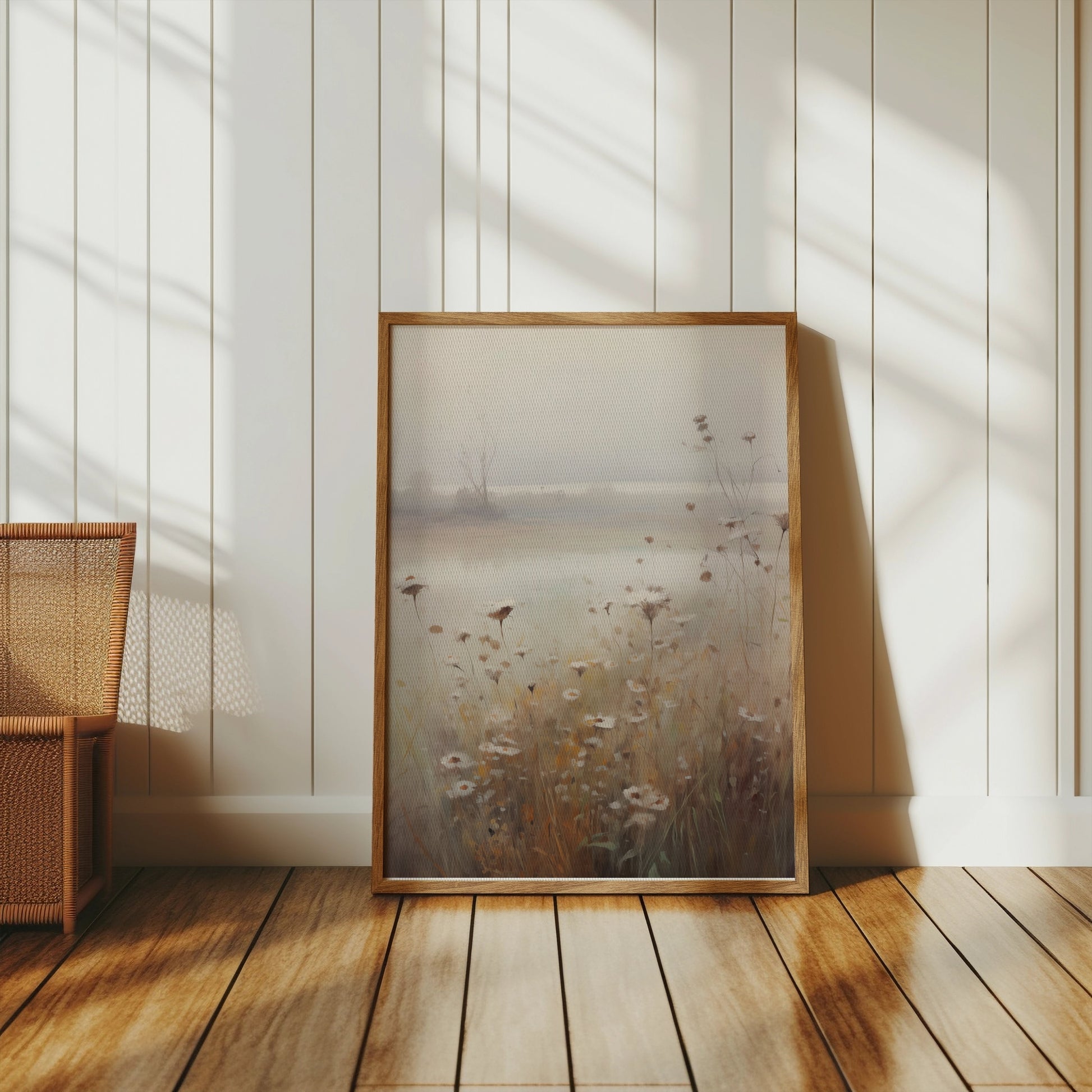 Premium Poster of Tranquil Misty Meadow with Wildflowers Art Posters