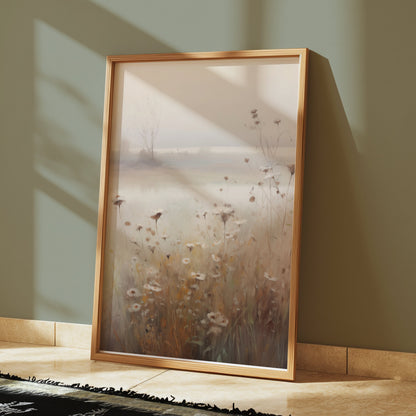 Premium Poster of Tranquil Misty Meadow with Wildflowers Art Posters