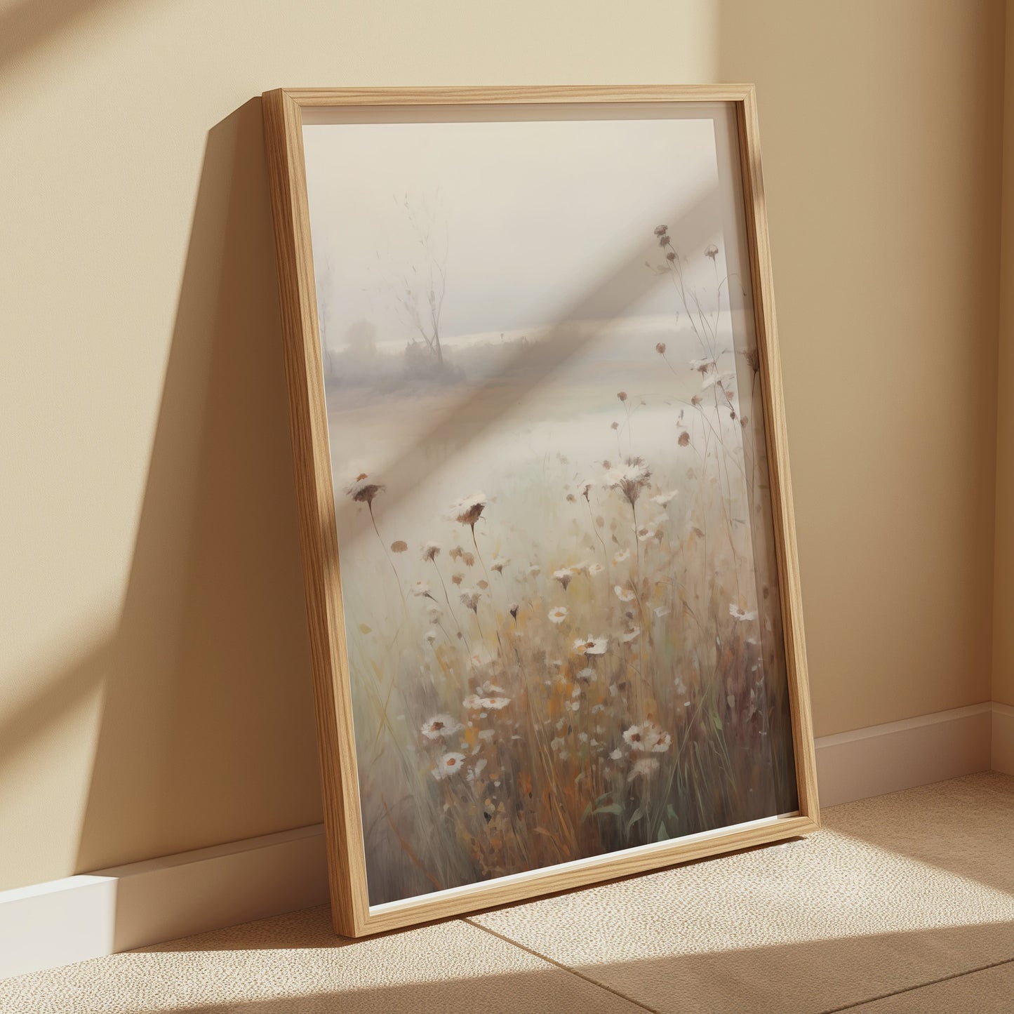 Premium Poster of Tranquil Misty Meadow with Wildflowers Art Posters