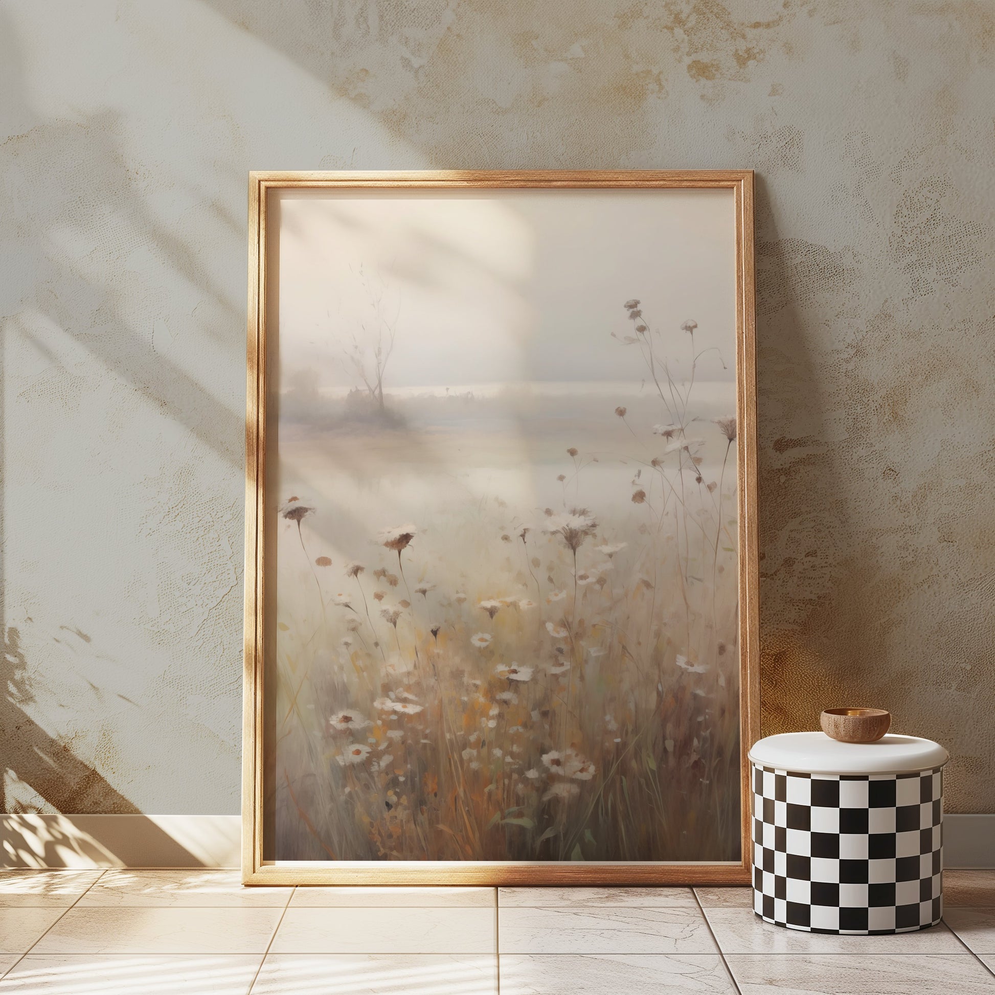 Premium Poster of Tranquil Misty Meadow with Wildflowers Art Posters