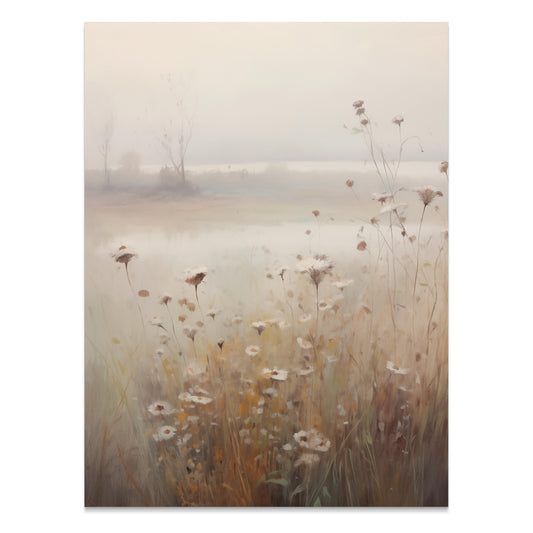 Premium Poster of Tranquil Misty Meadow with Wildflowers Art Posters