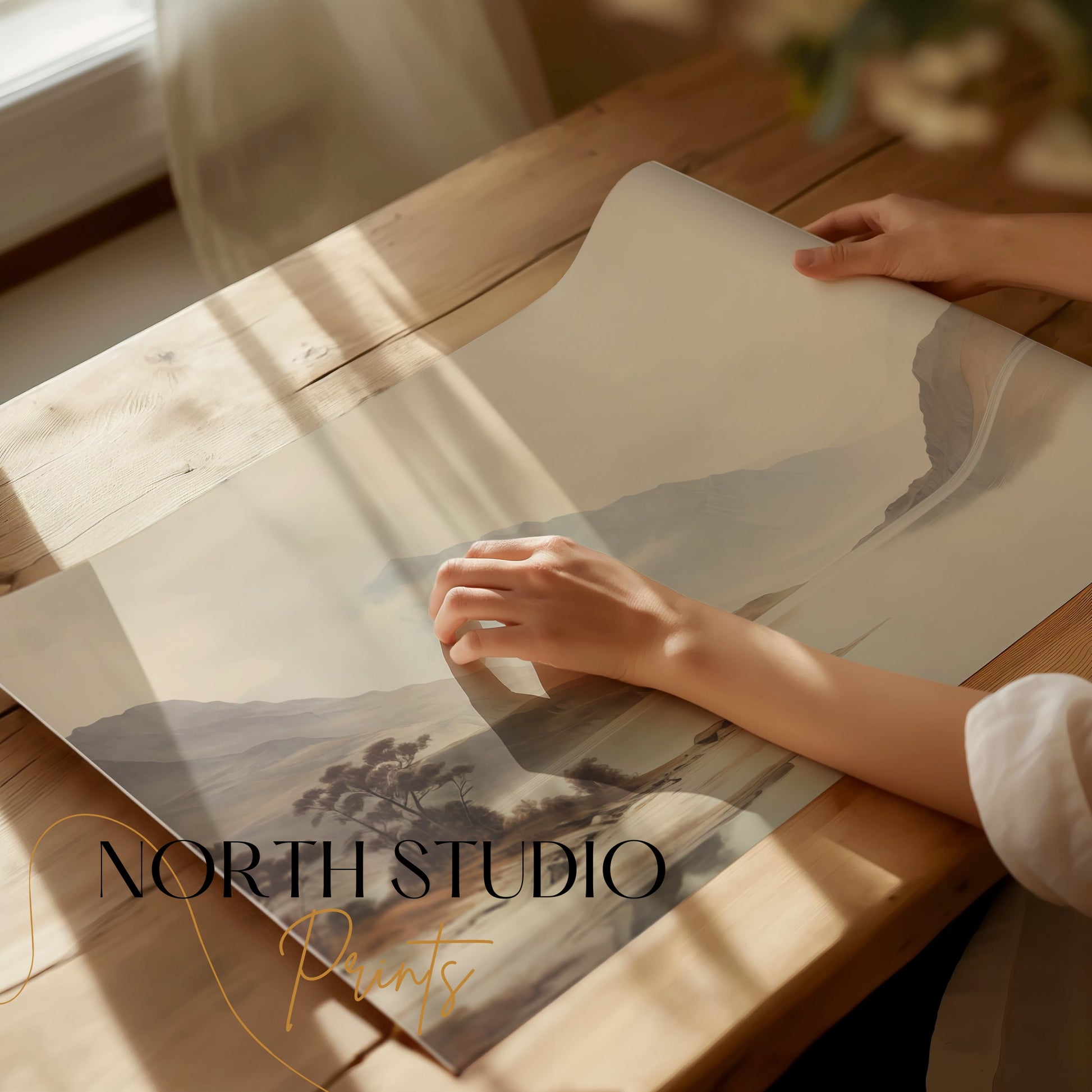 Premium Poster of Tranquil Mountain Lake Scene with Misty Hills Posters