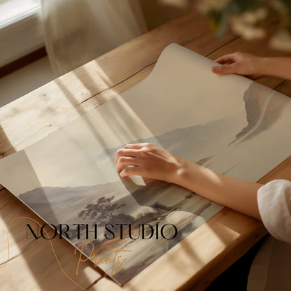 Premium Poster of Tranquil Mountain Lake Scene with Misty Hills Posters